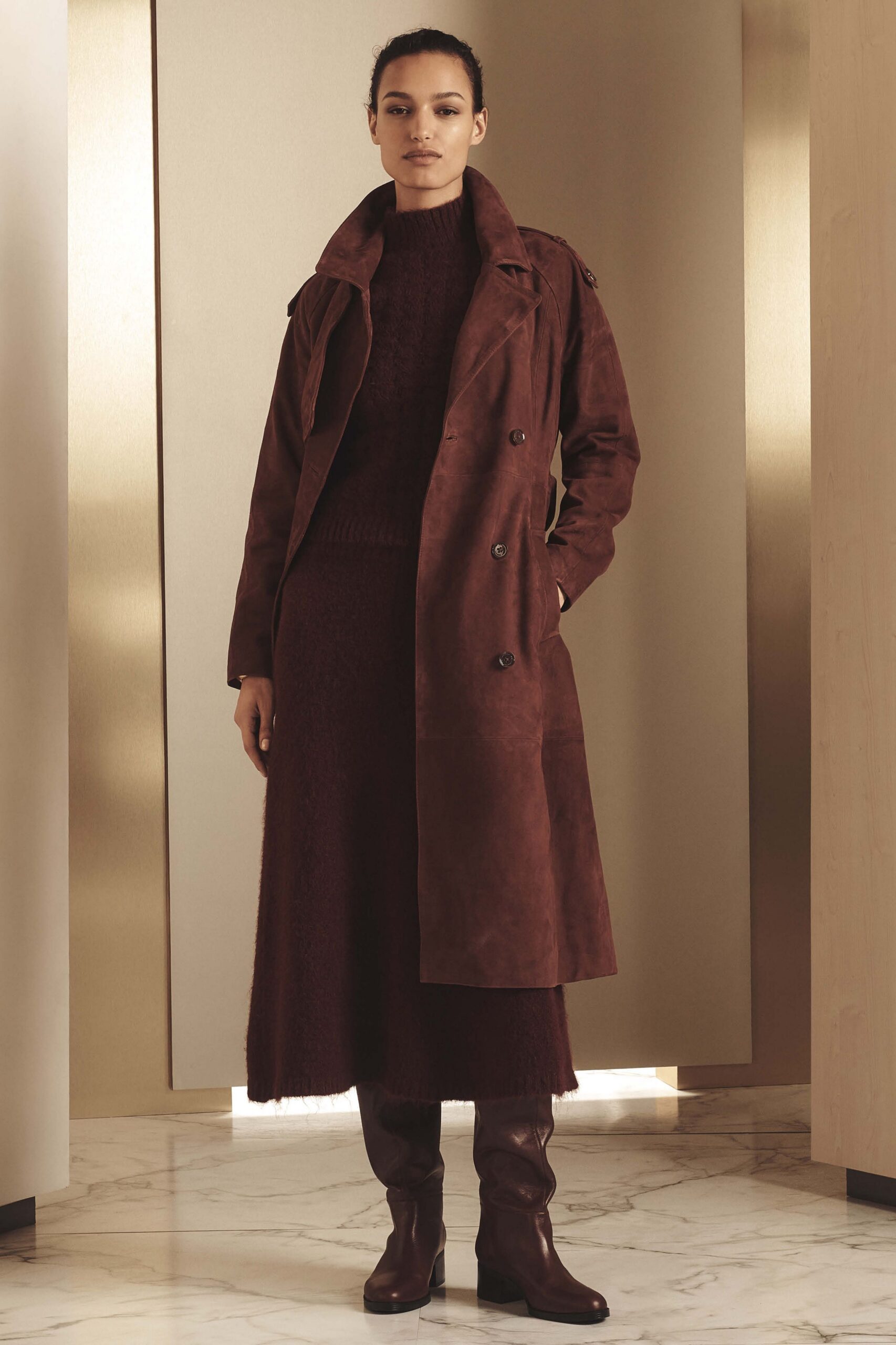 brown suede long-sleeve collared structured trench