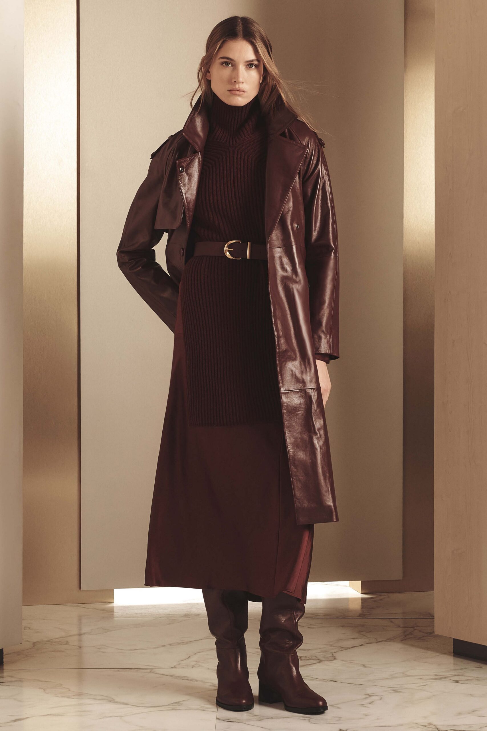 brown leather coat and dress