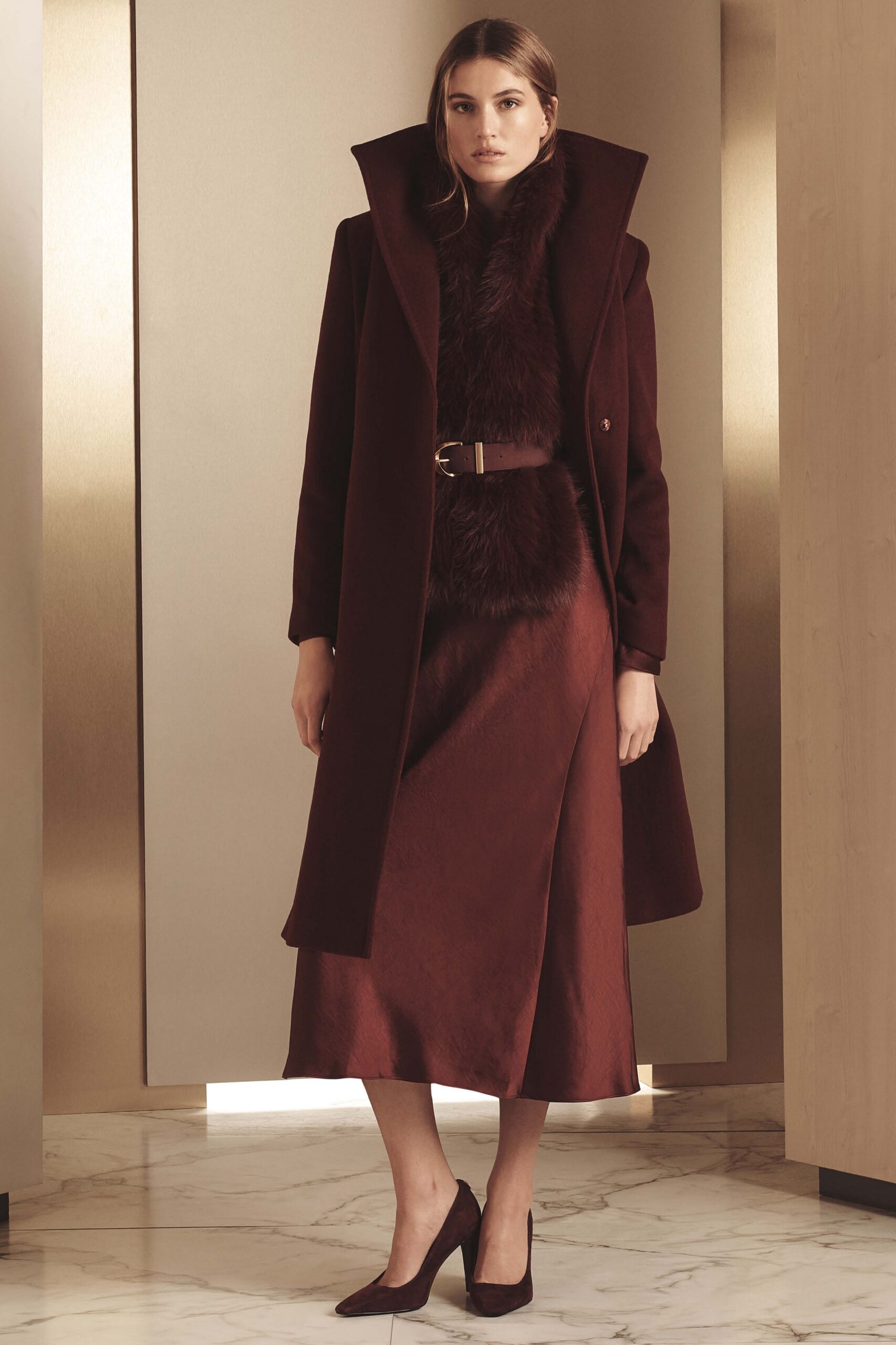 brown wool coat and silk dress