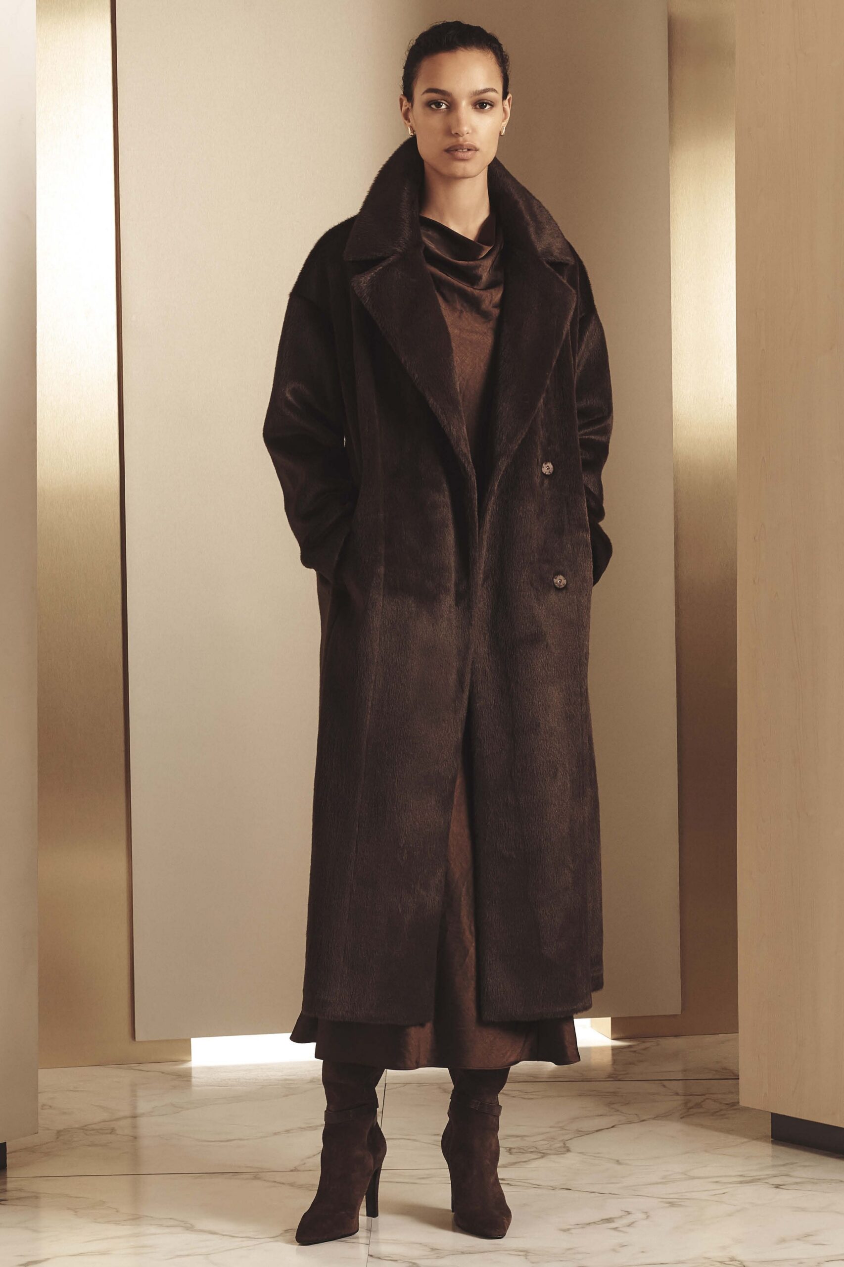 brown faux-fur coat and silk dress