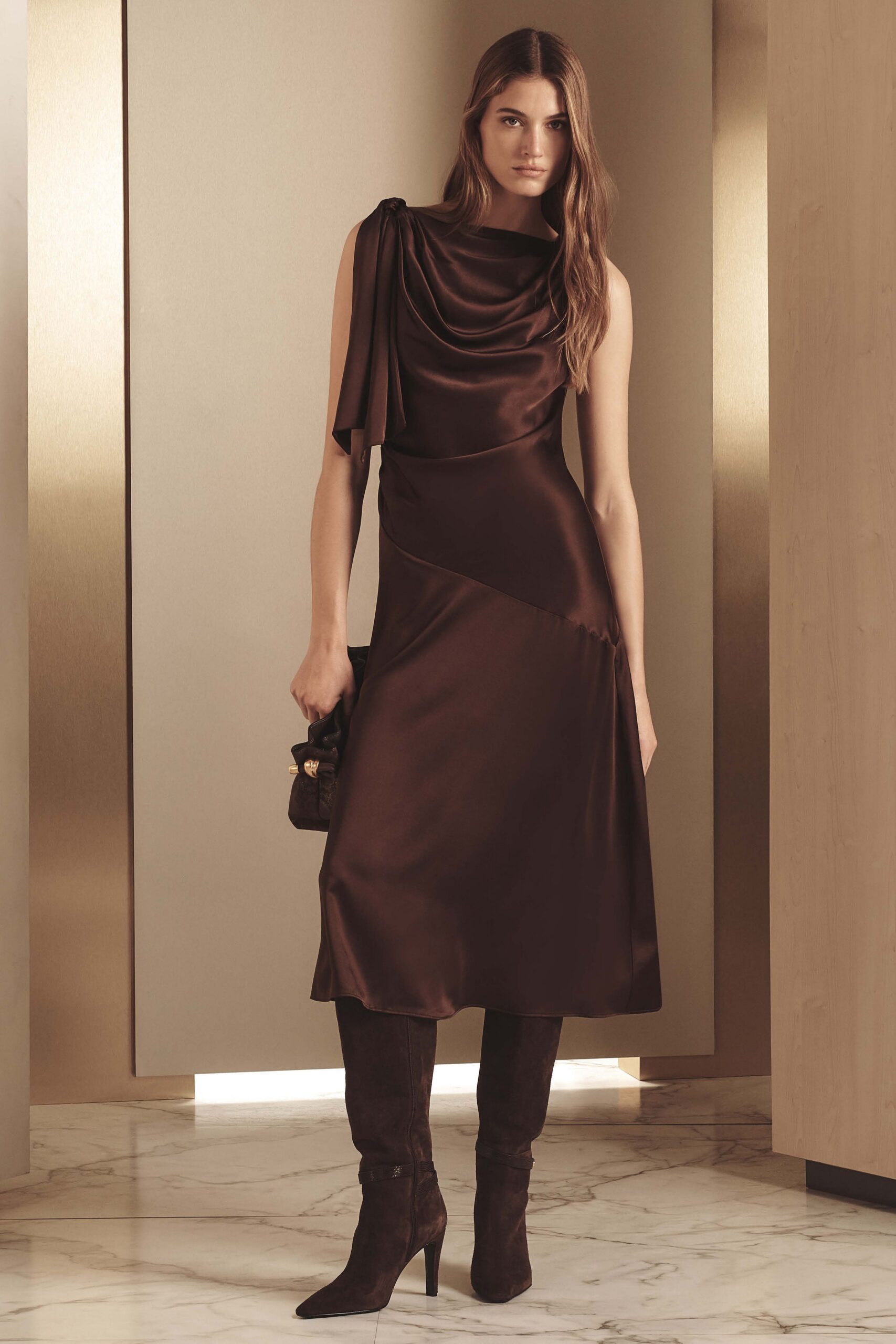 brown silk draped midi dress