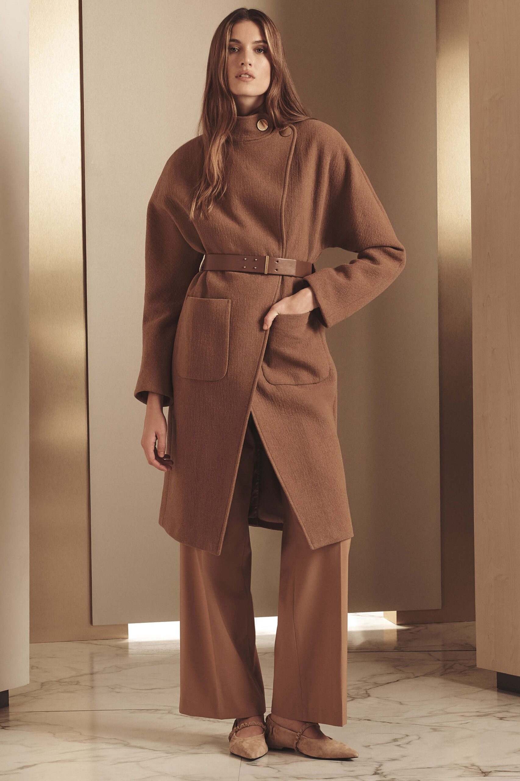 brown wool coat with beige pants