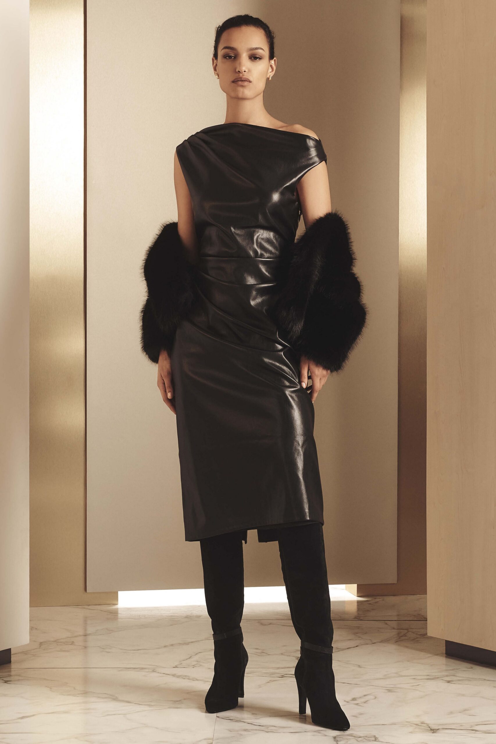 black leather off-shoulder dress