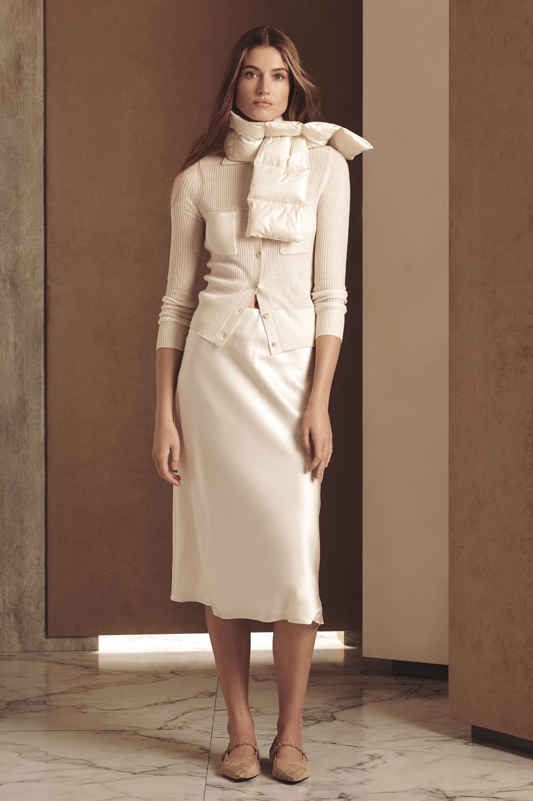 beige cardigan white midi skirt