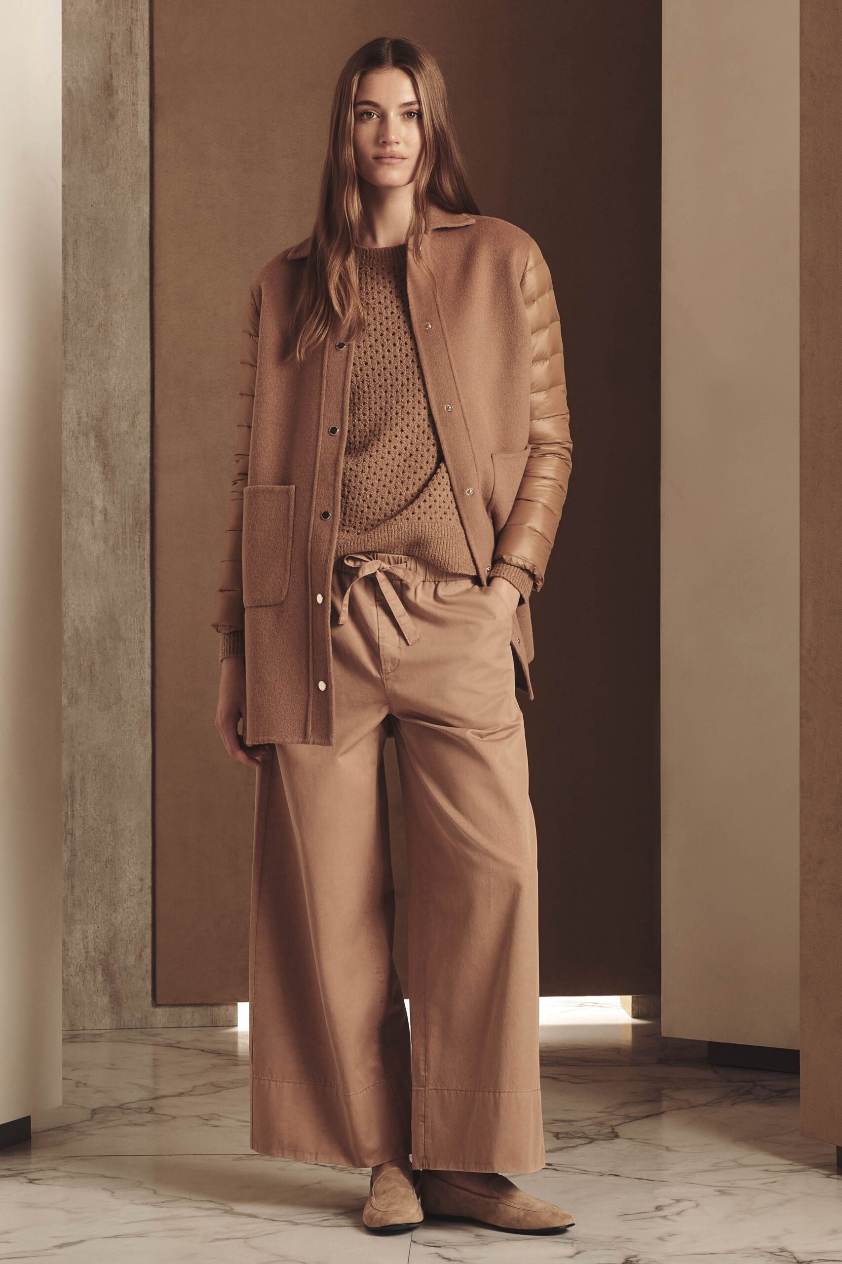 brown relaxed jacket with sweater and pants