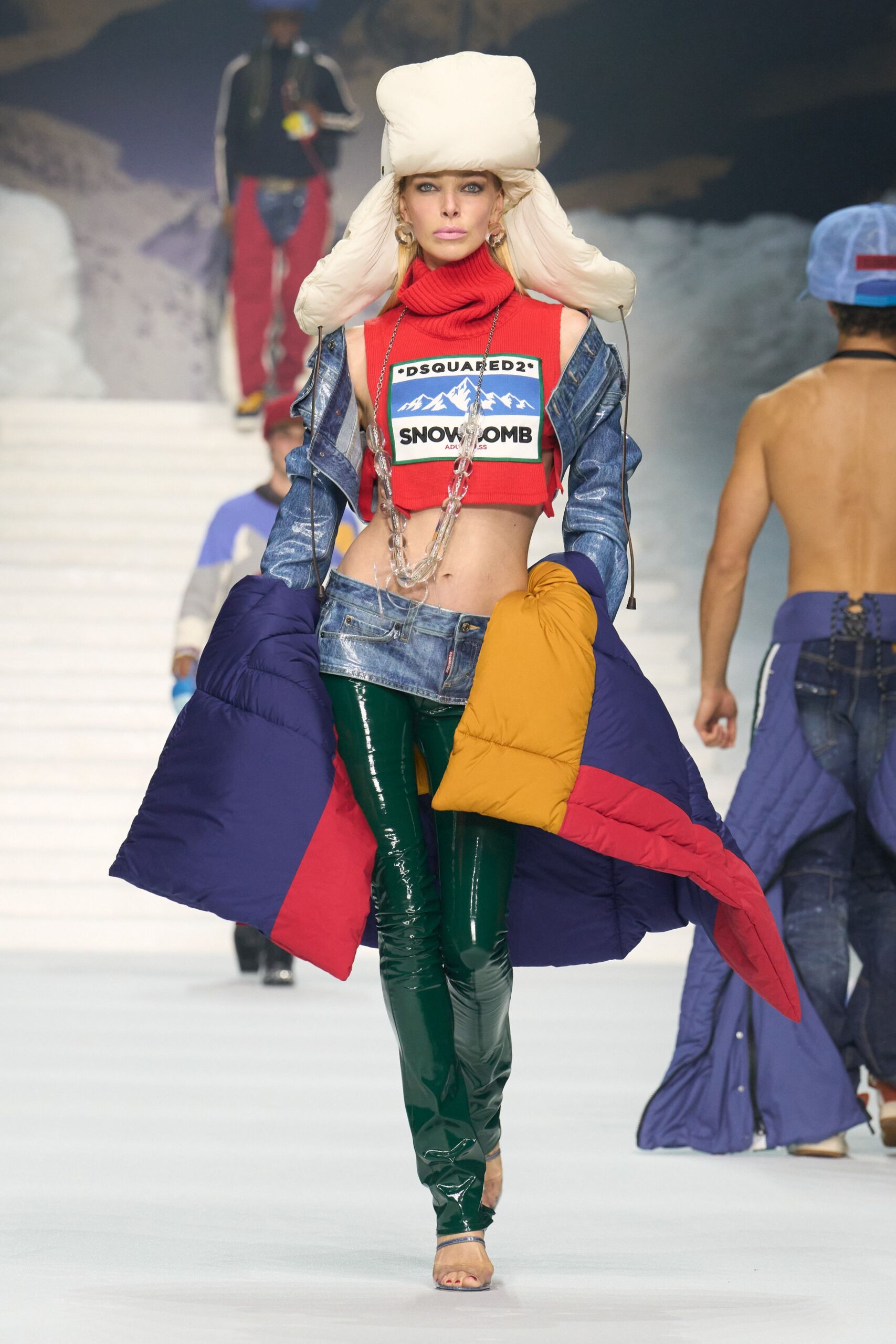 red crop-top with denim jacket