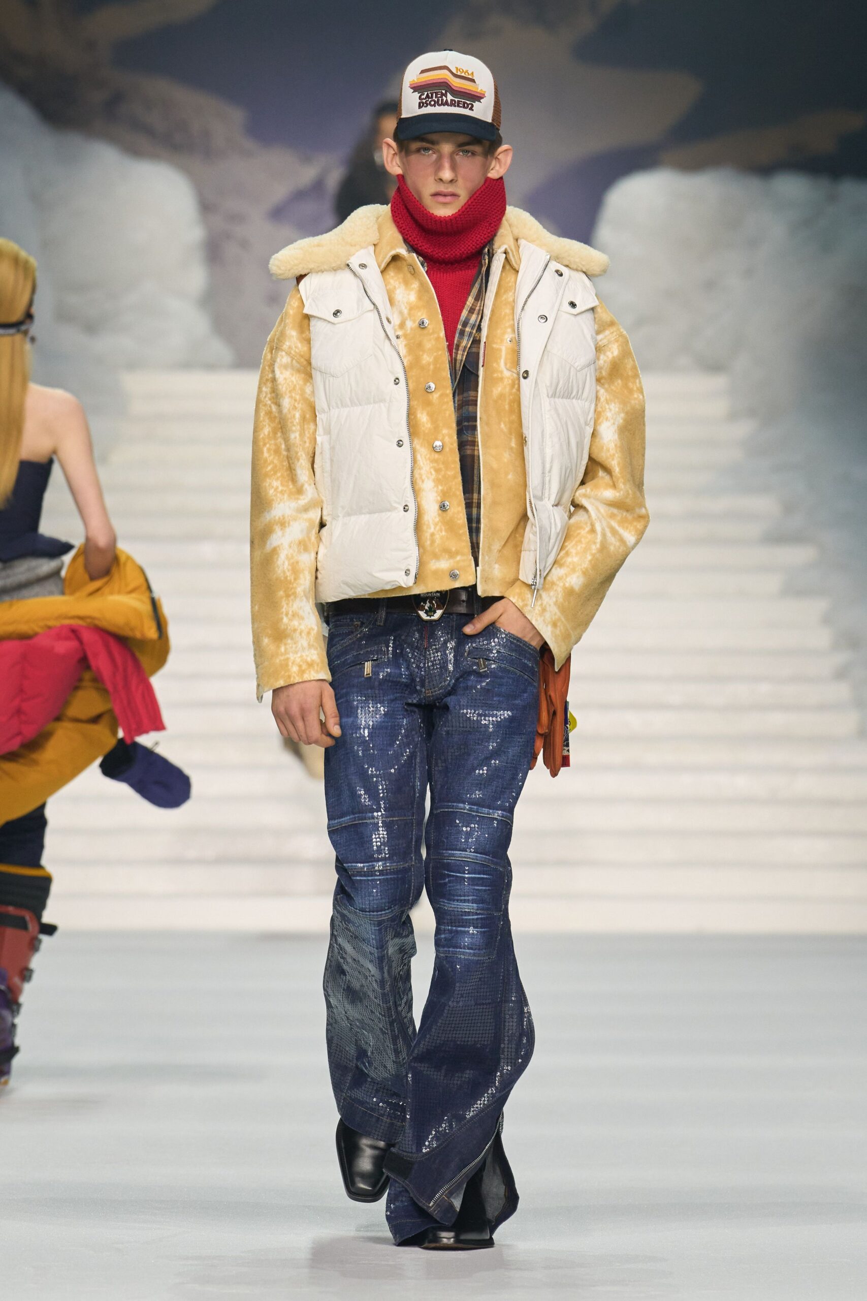 layered fashion with denim and faux-fur