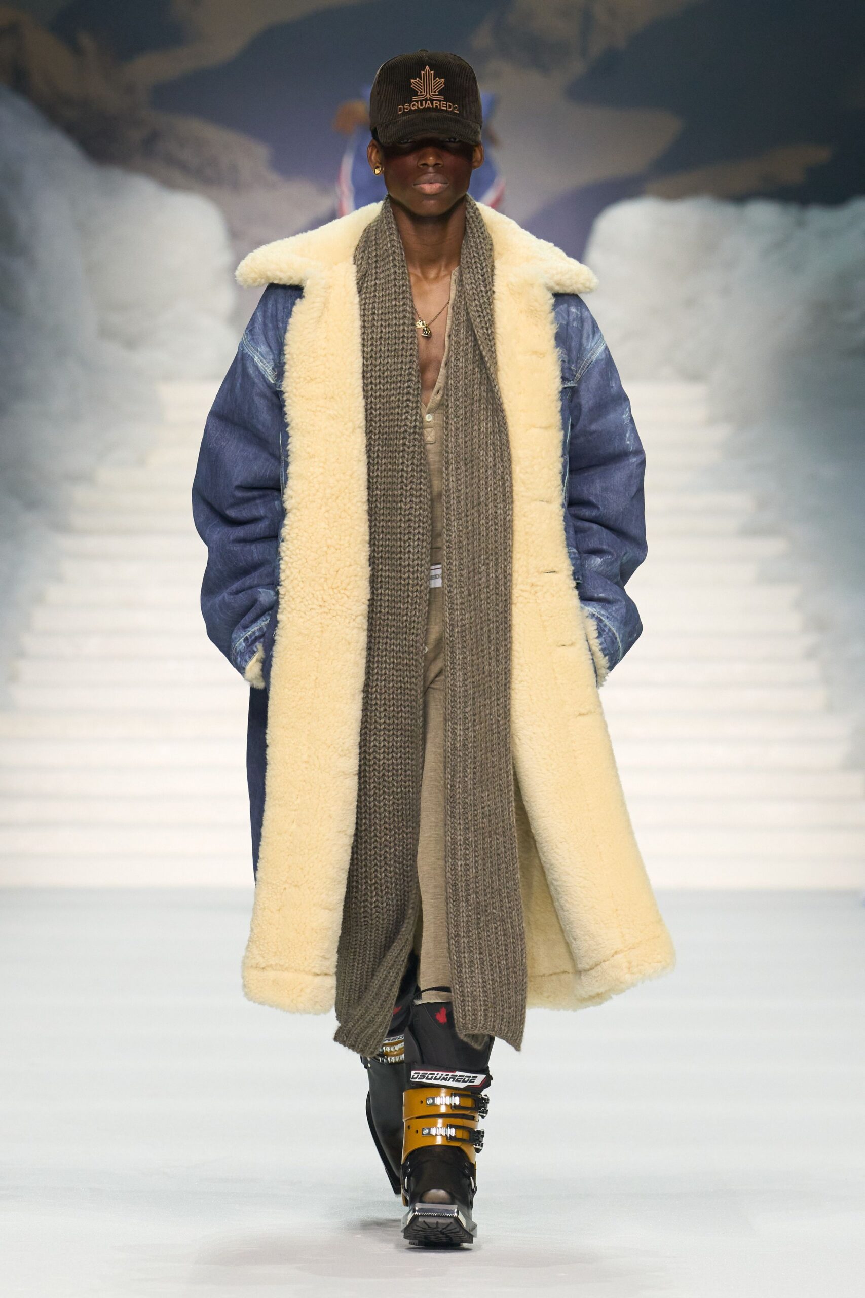 blue beige fur coat with boots