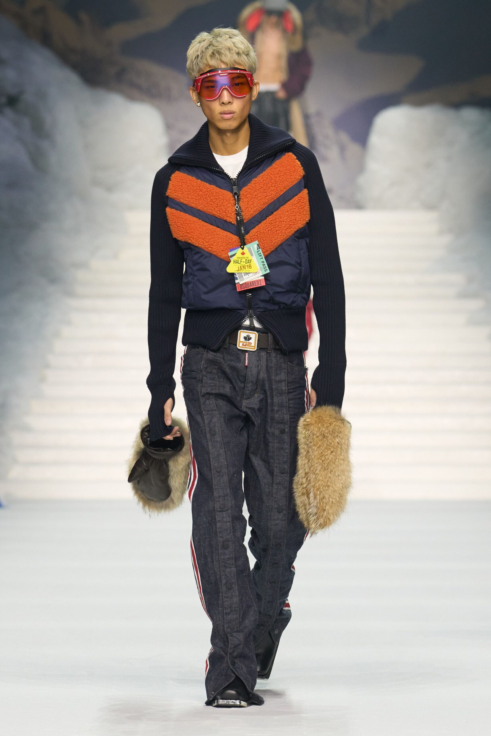 color-blocked sweater with denim pants