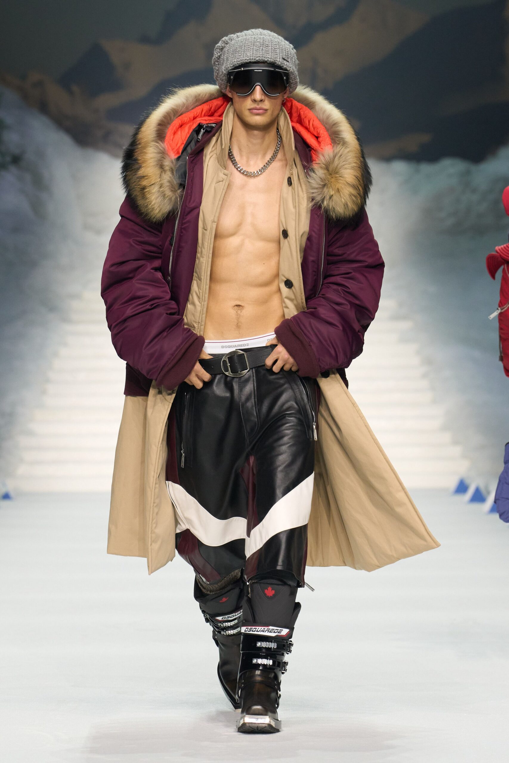 beige maroon fur coat
