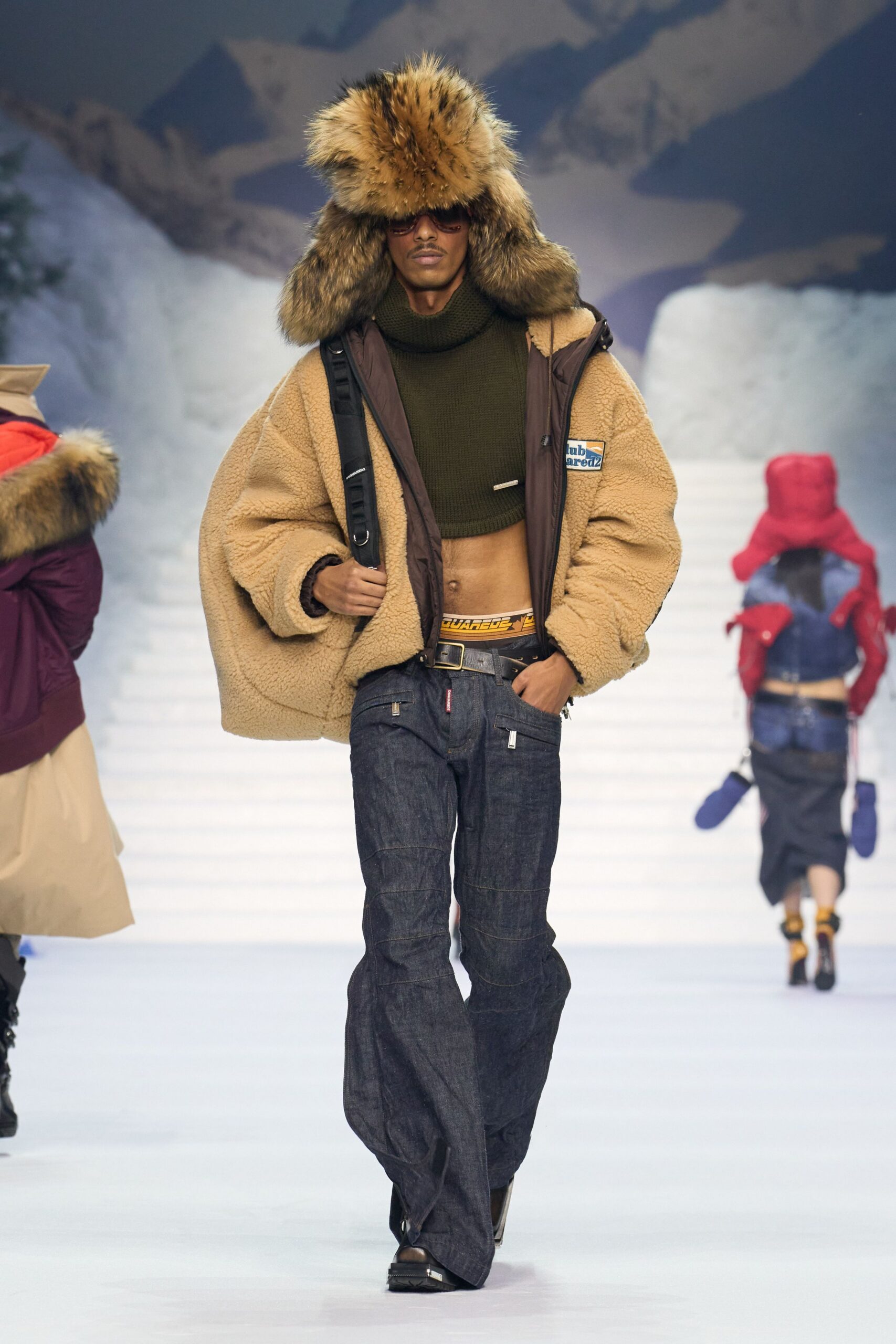 oversized brown faux-fur jacket with green fitted top