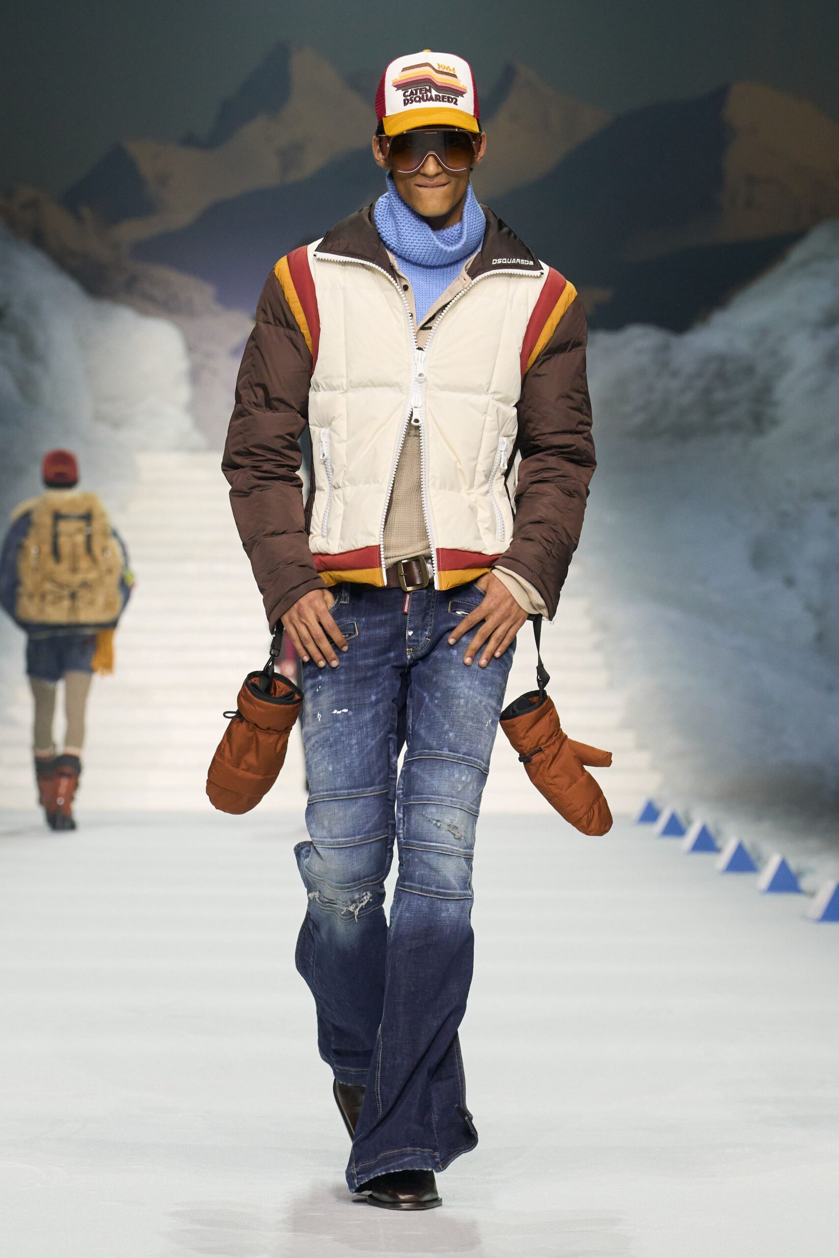 beige color-blocked jacket with denim pants