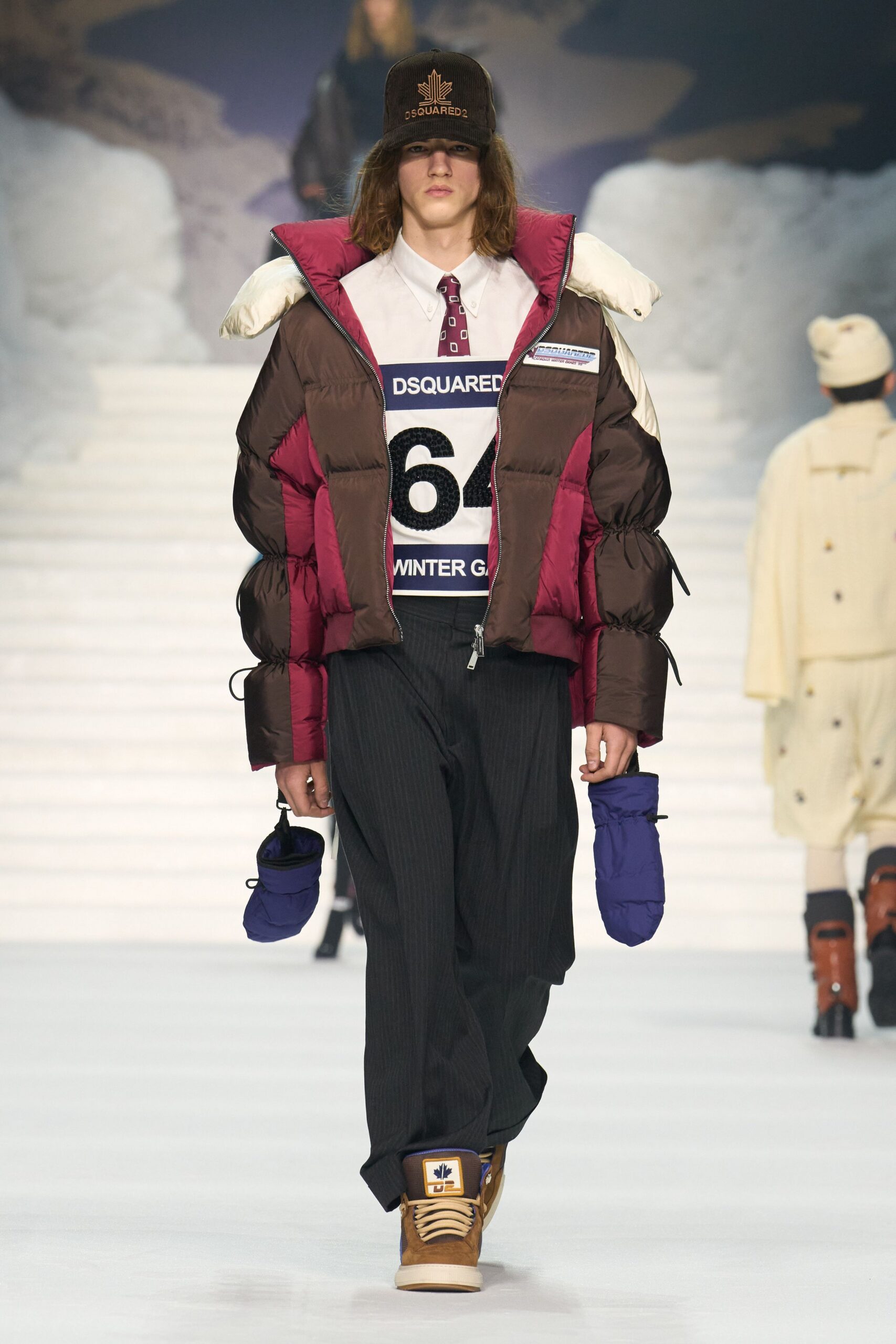 brown puffer jacket with shirt and tie