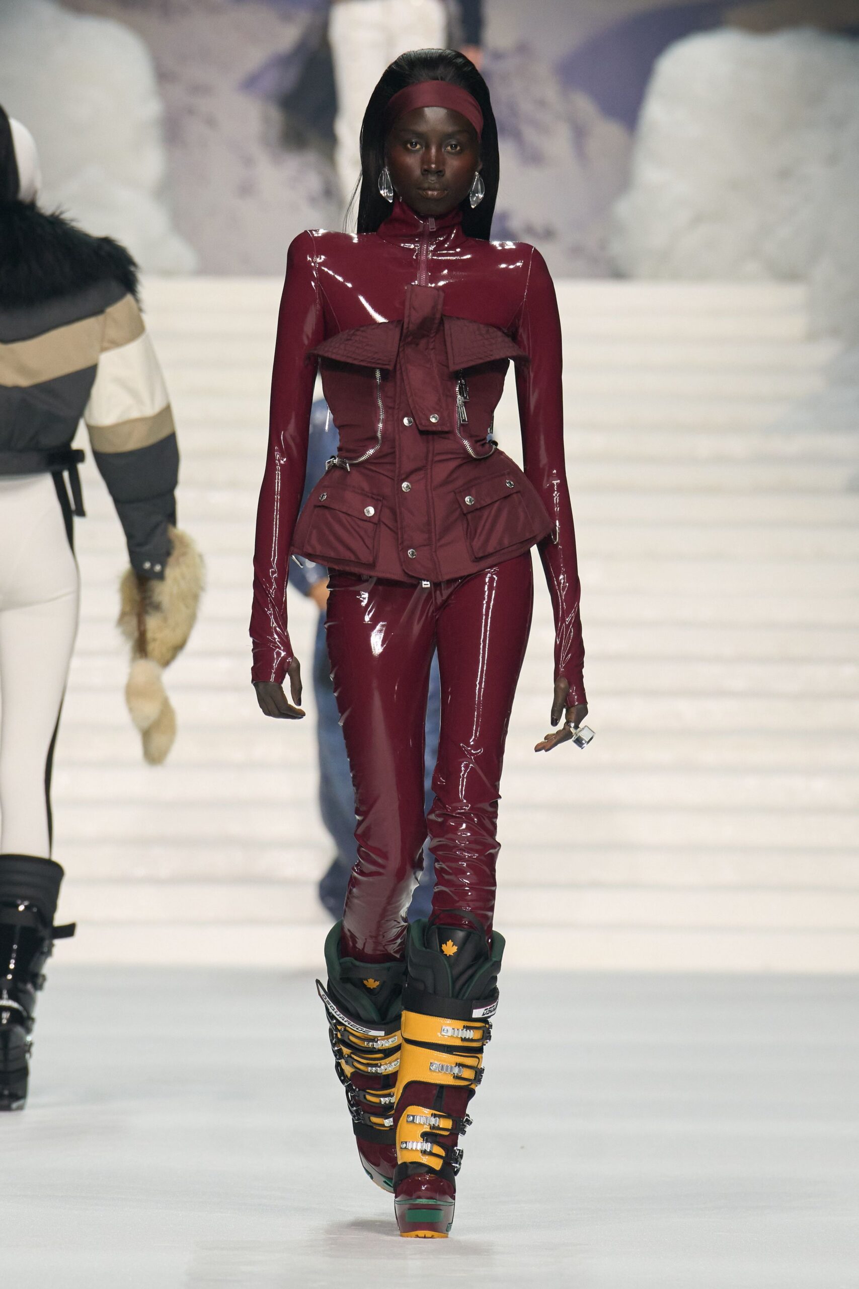 red vinyl fitted jacket and pants