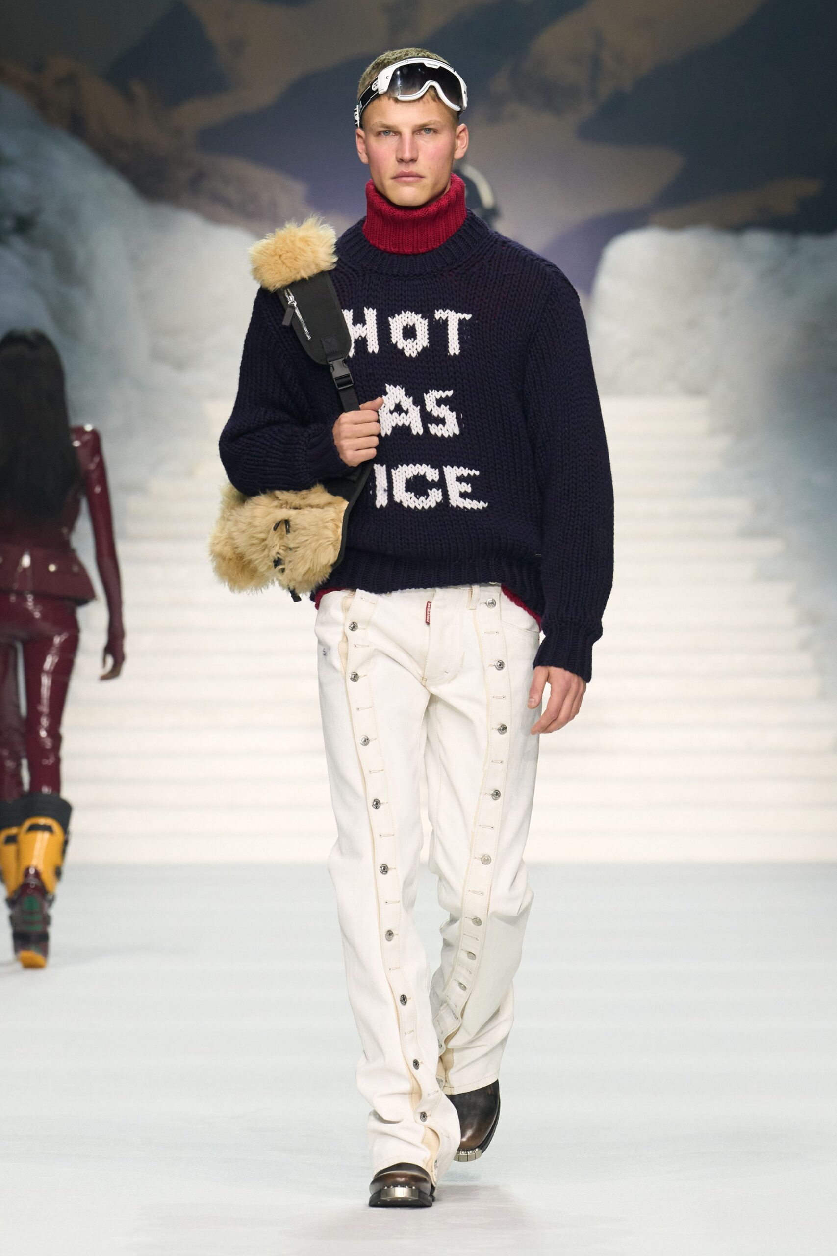 navy wool sweater with white text
