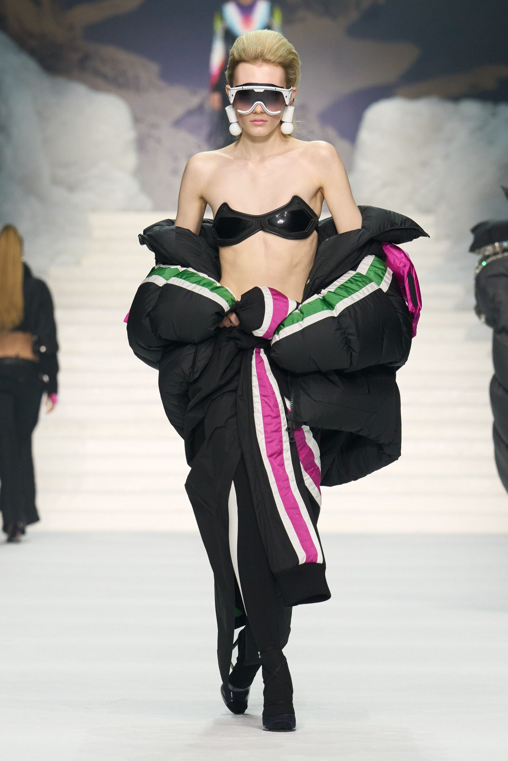 black vinyl strapless top with oversized coat