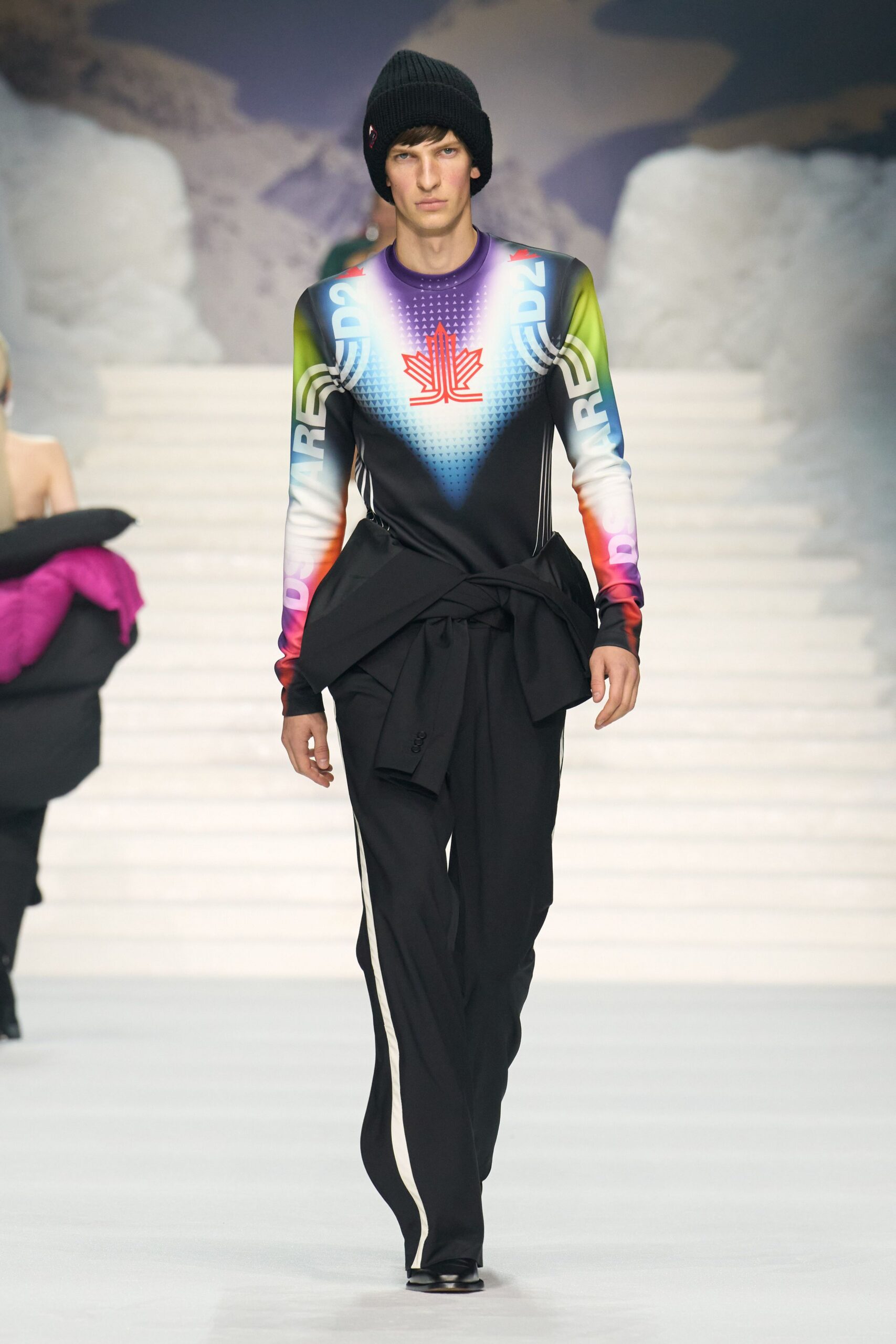 fitted black multi-colored top with relaxed pants