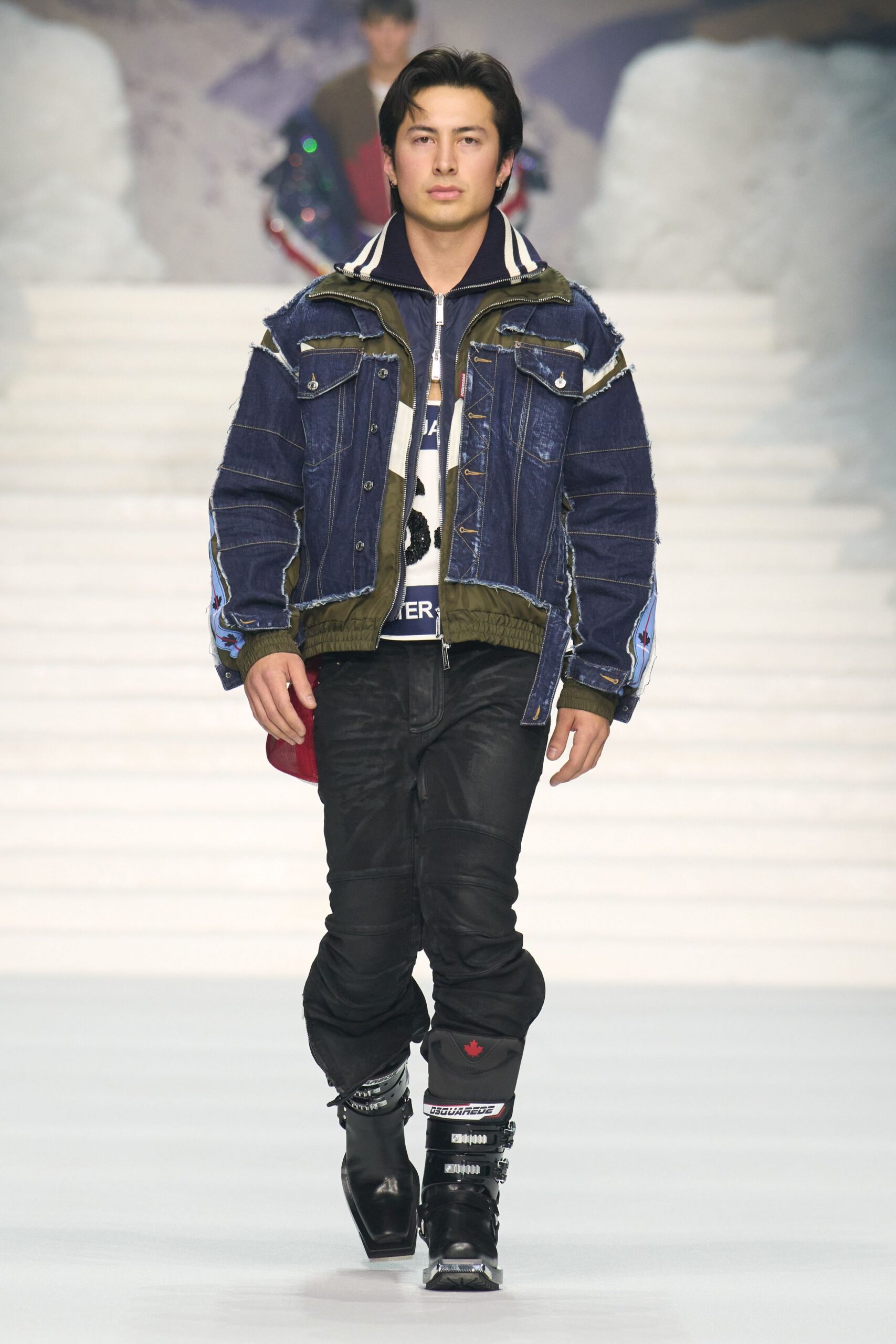 blue denim jacket with black pants
