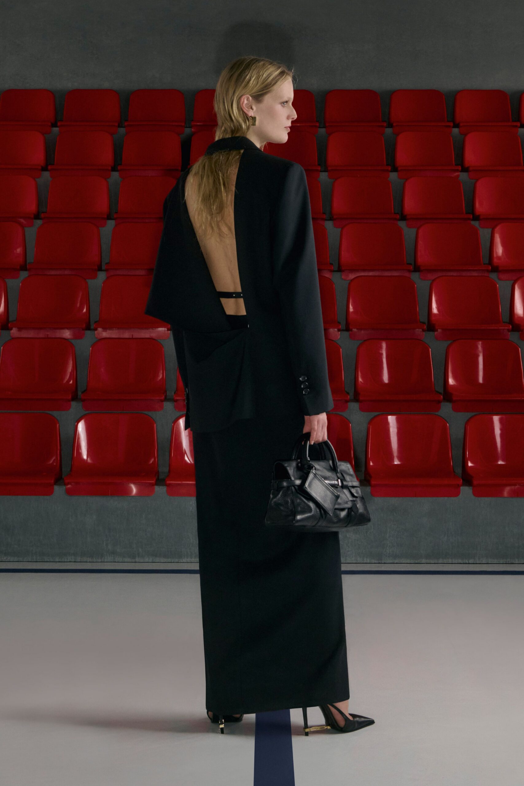 black wool fitted high-waisted straight-leg midi skirt