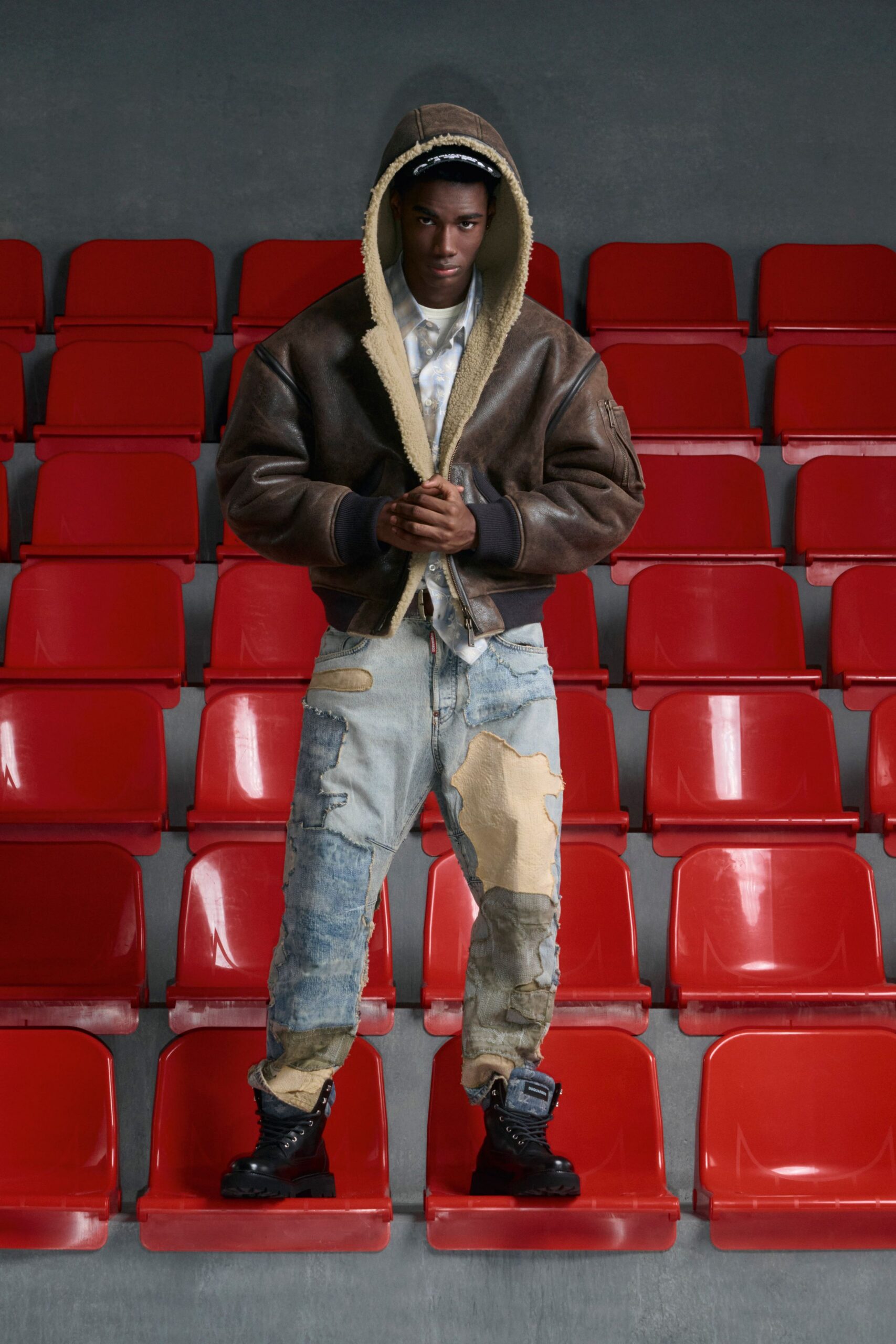 brown leather long-sleeve hooded fitted zippered jacket