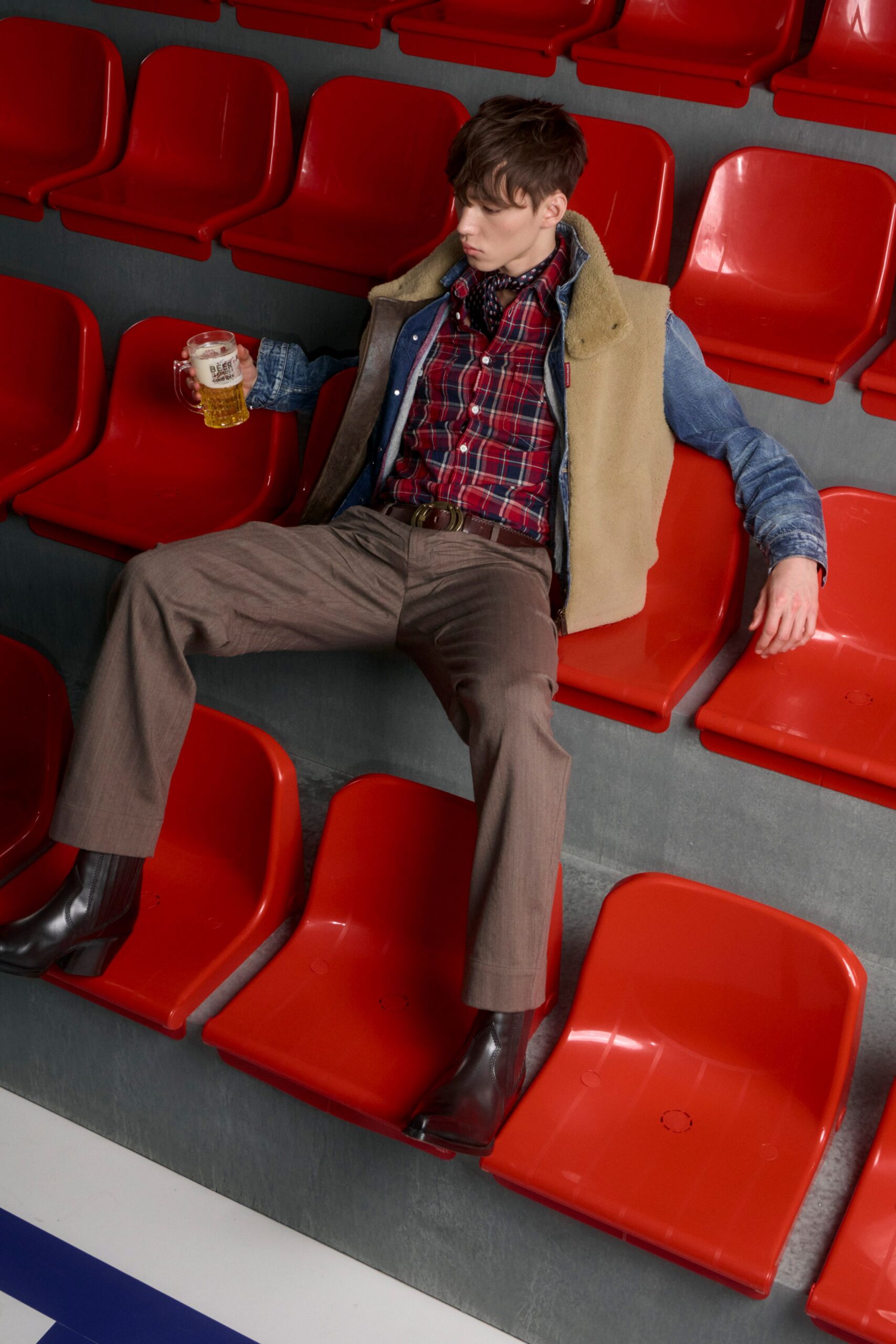red cotton long-sleeve collared relaxed checked shirt