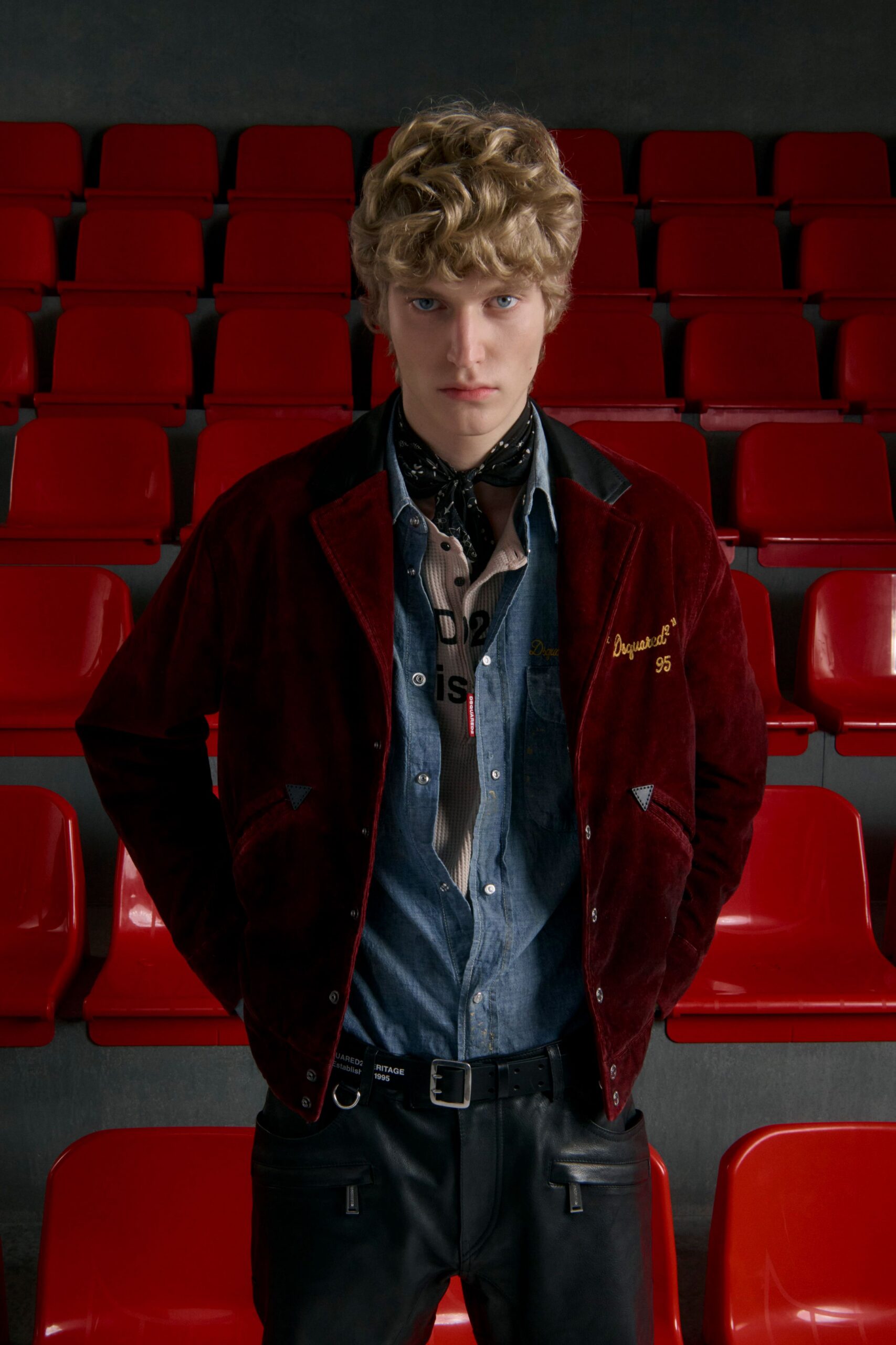 red velvet jacket with denim shirt