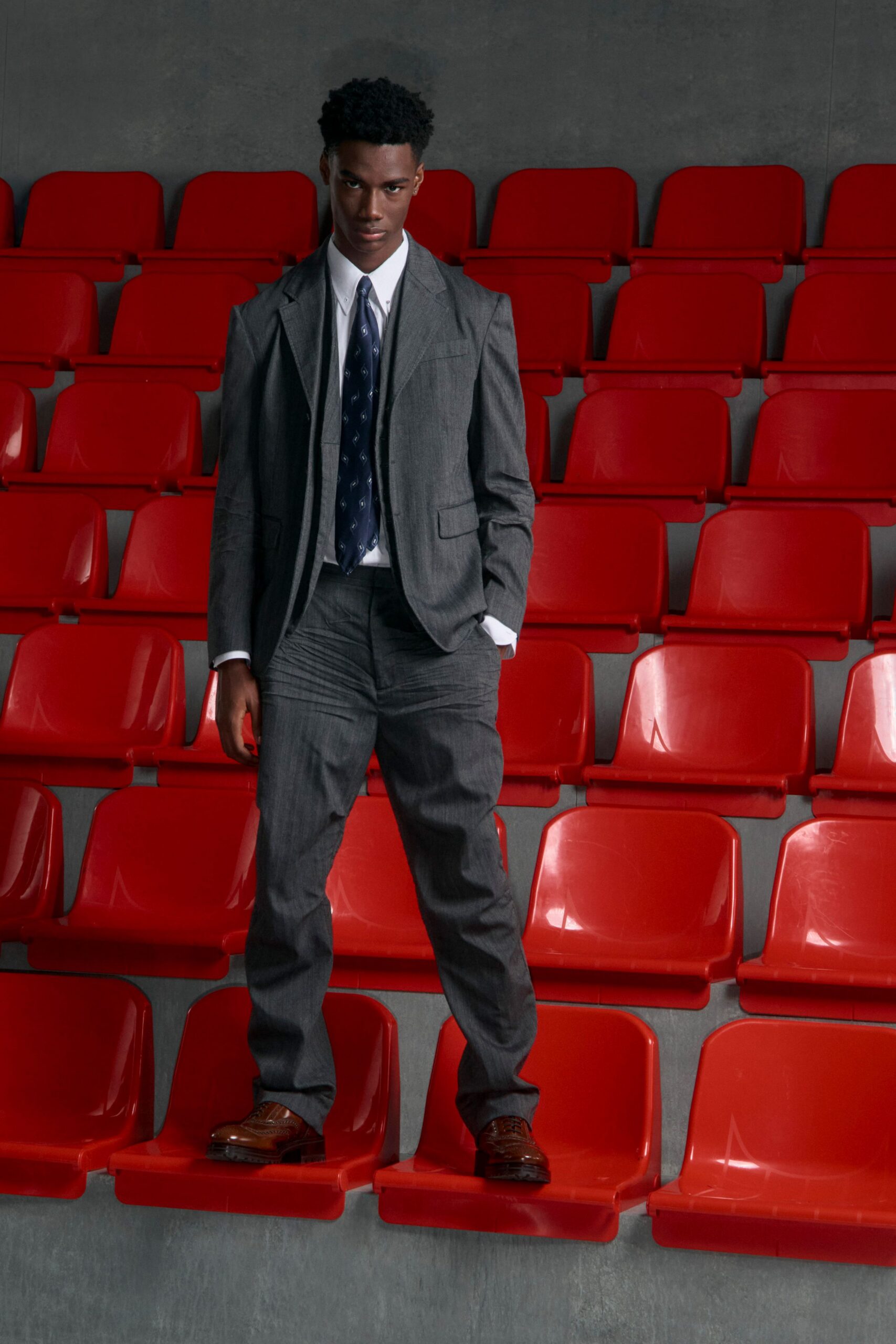 gray wool tailored straight-leg pants