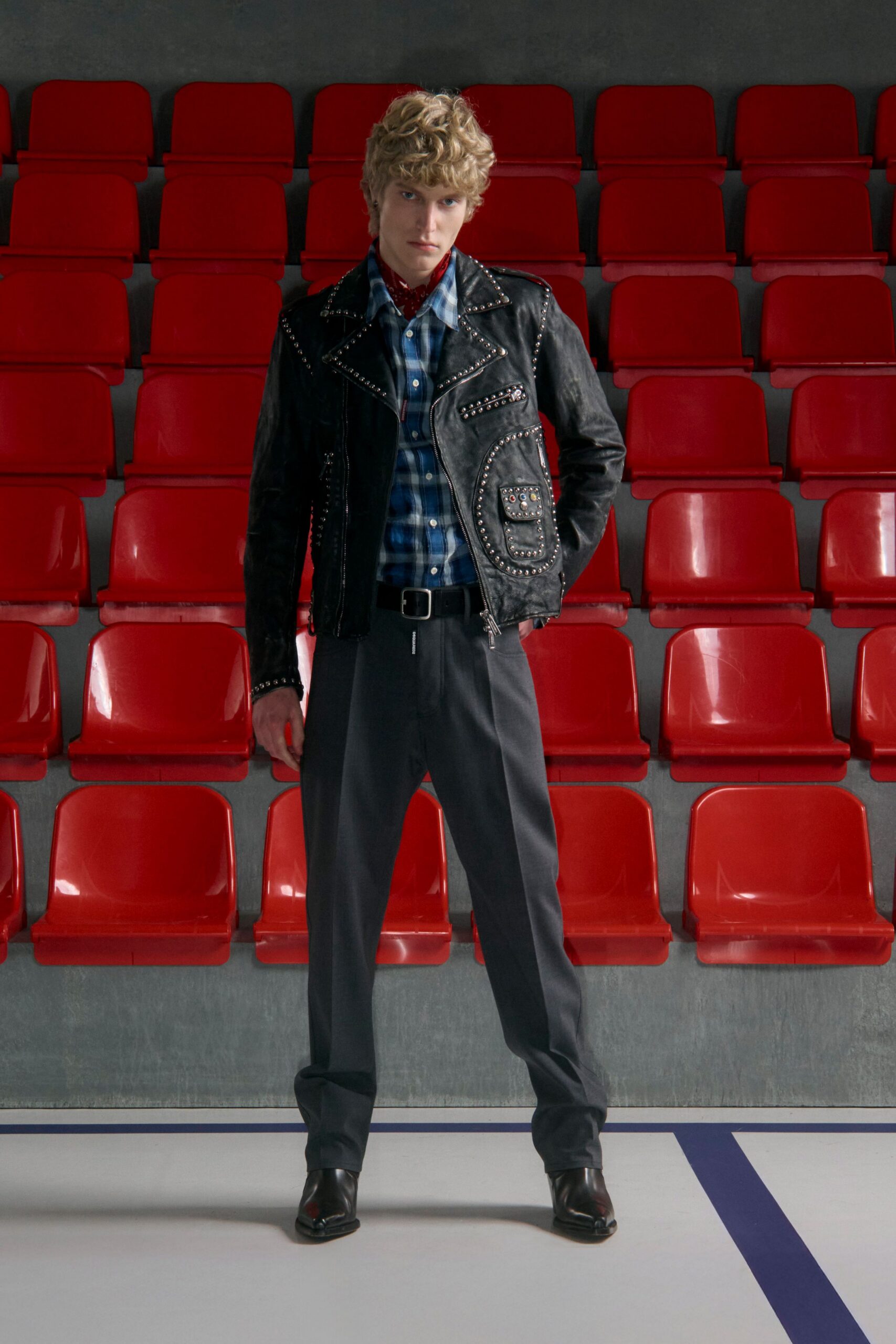 gray wool tailored straight-leg pants