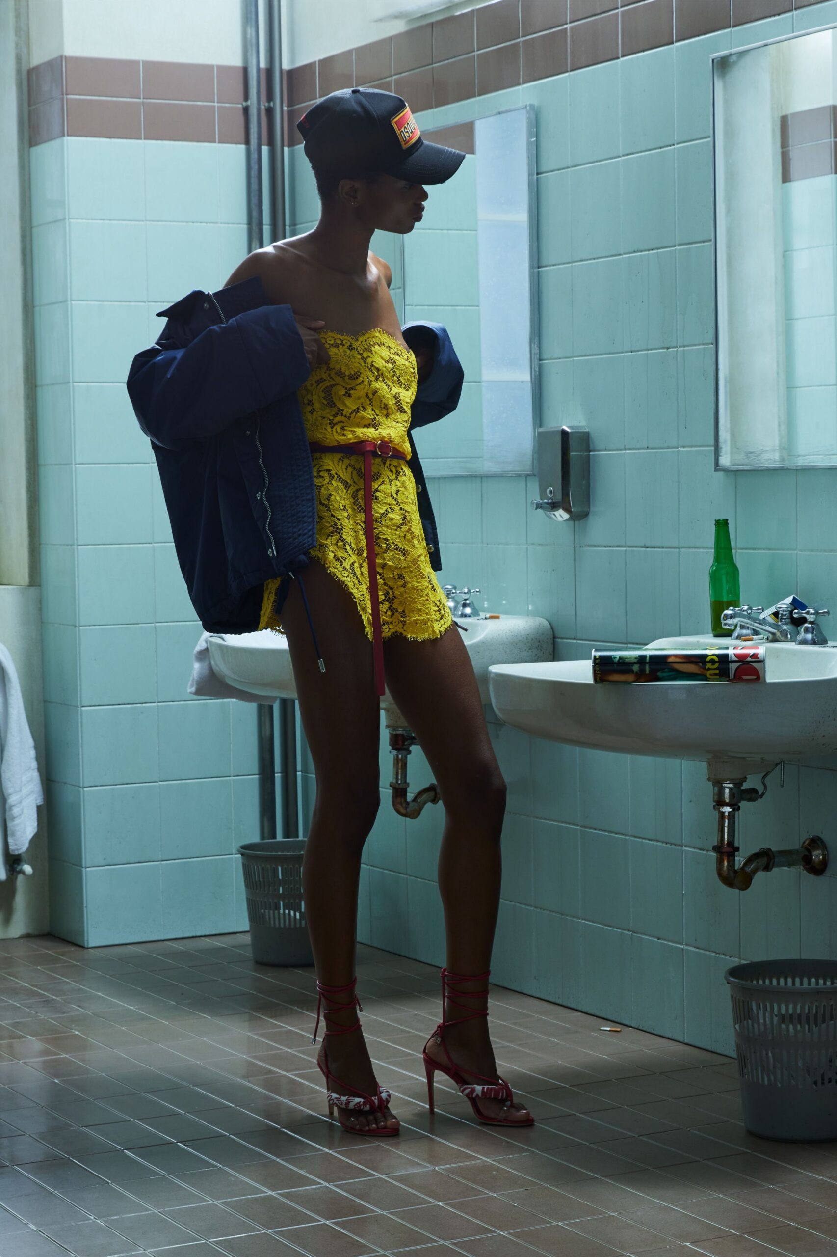 yellow lace sleeveless fitted ruffled short dress