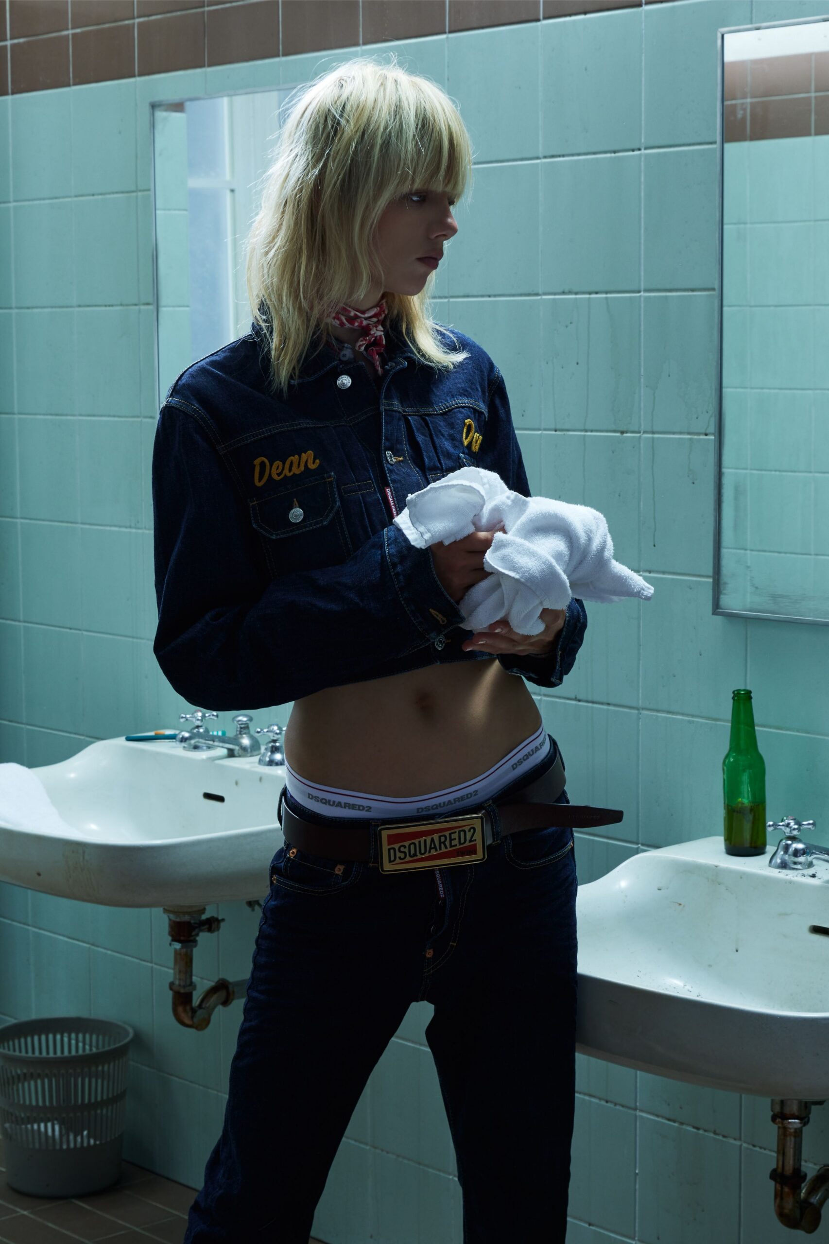 blue denim long-sleeve collared fitted buttoned jacket