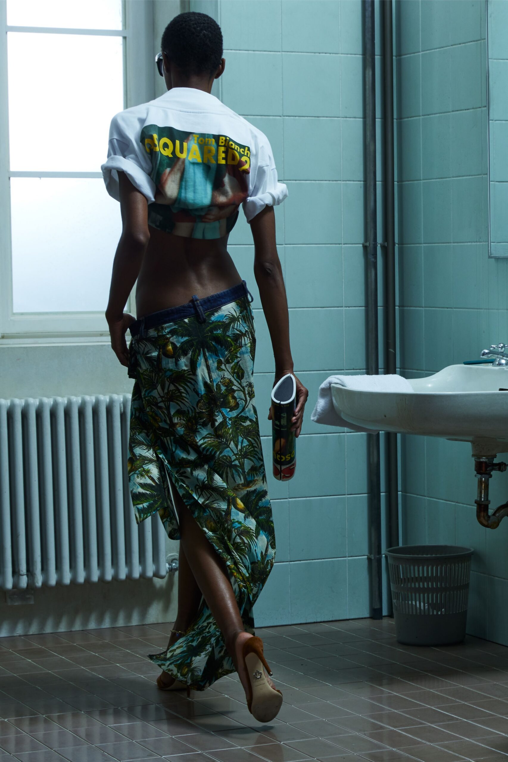 green cotton fitted high-waisted flared printed midi skirt
