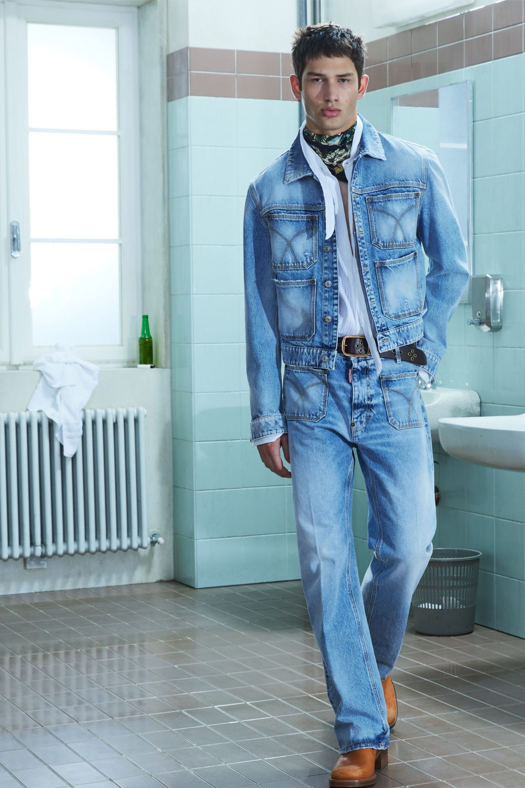 blue denim long-sleeve collared fitted buttoned jacket