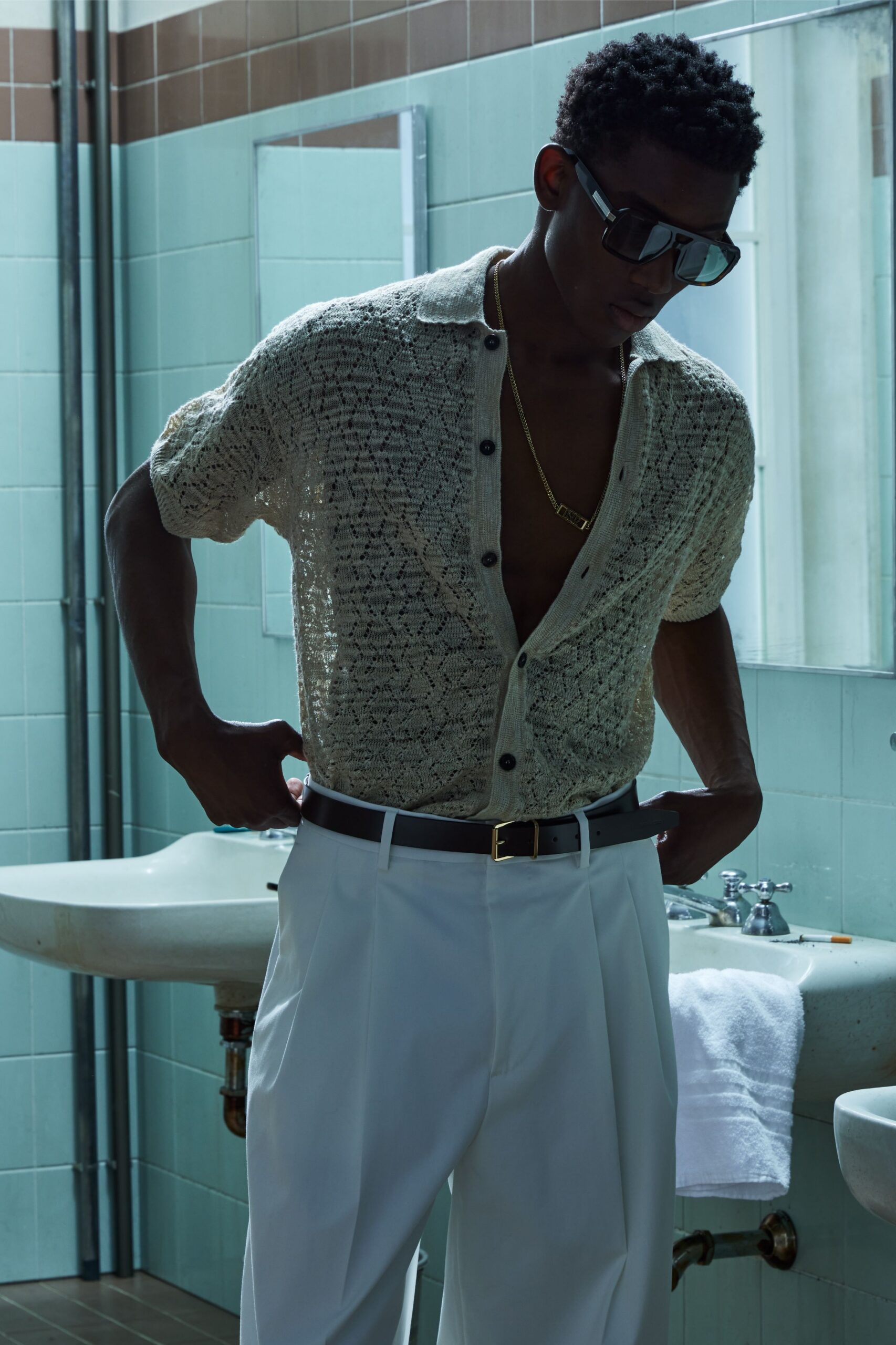beige cotton short-sleeve collared relaxed embroidered shirt