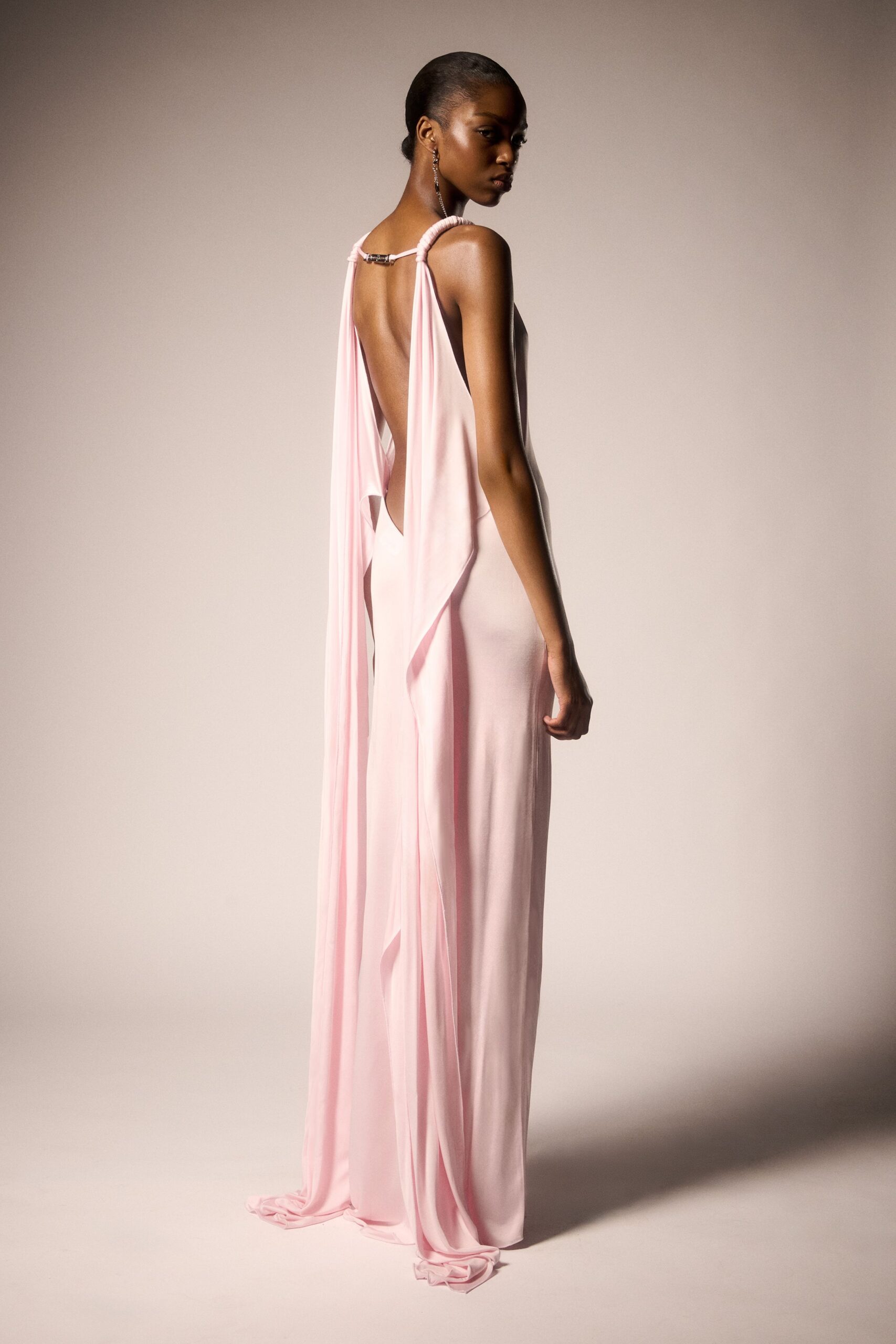 pink silk backless gown