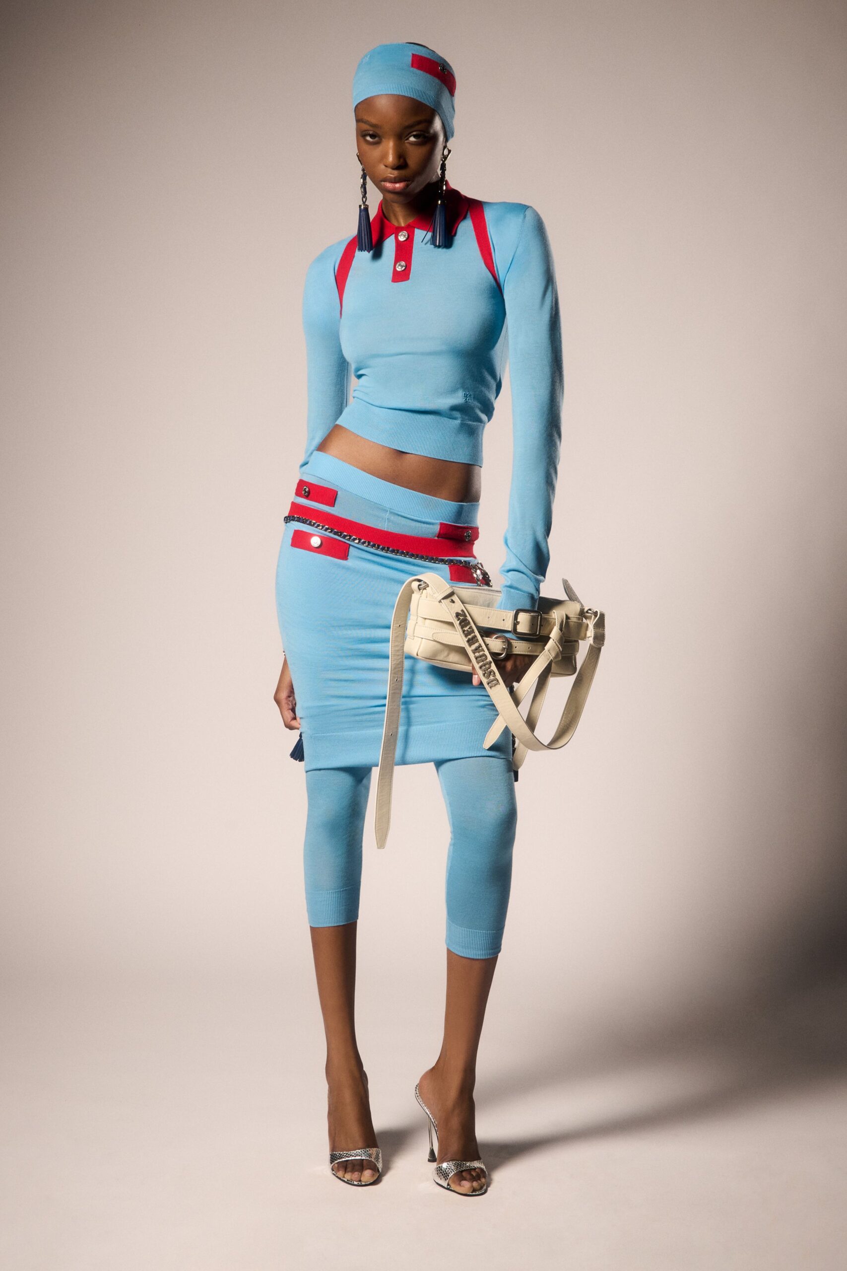 blue cotton long-sleeve collared fitted zippered cropped top