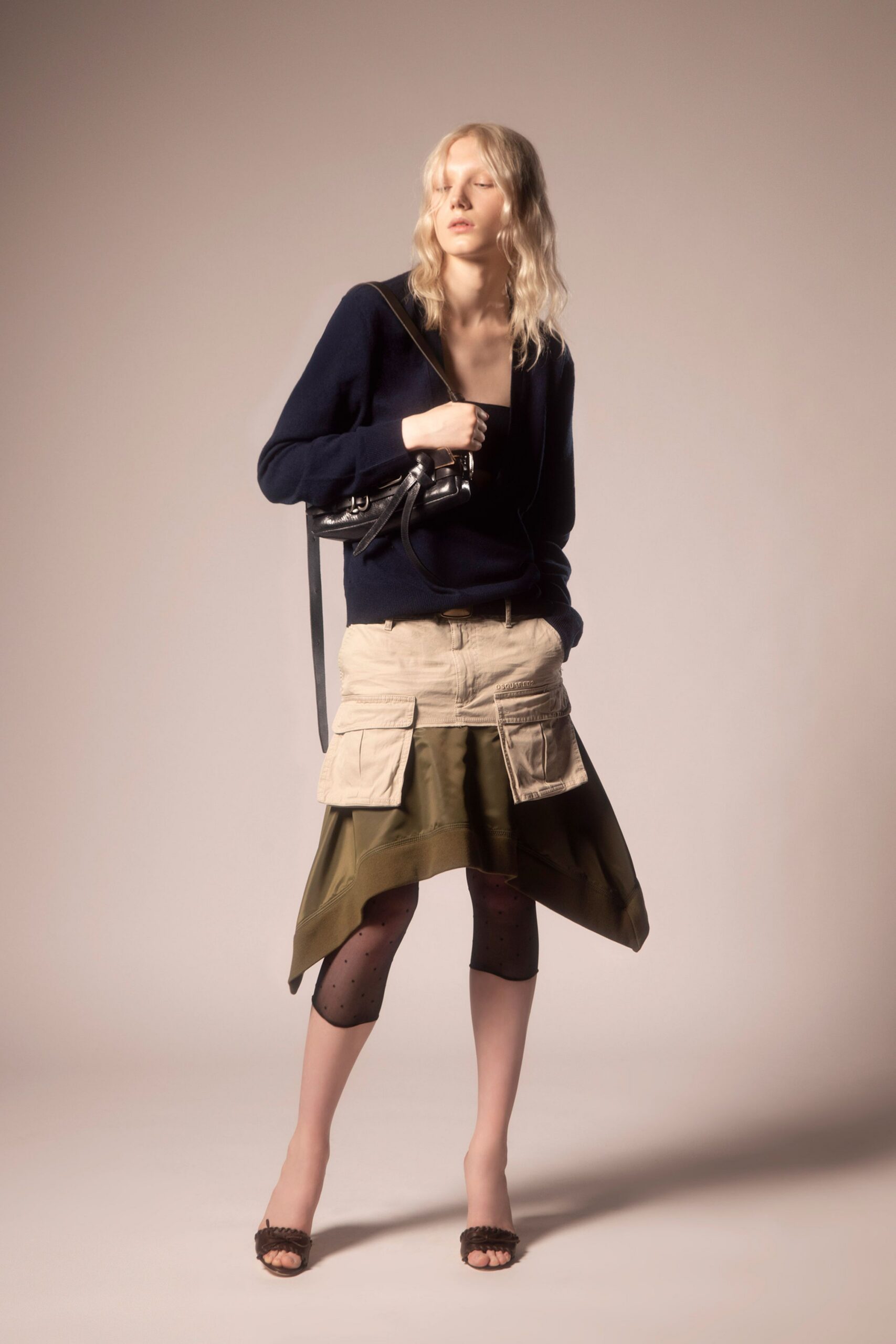 beige cotton asymmetric relaxed pleated skirt
