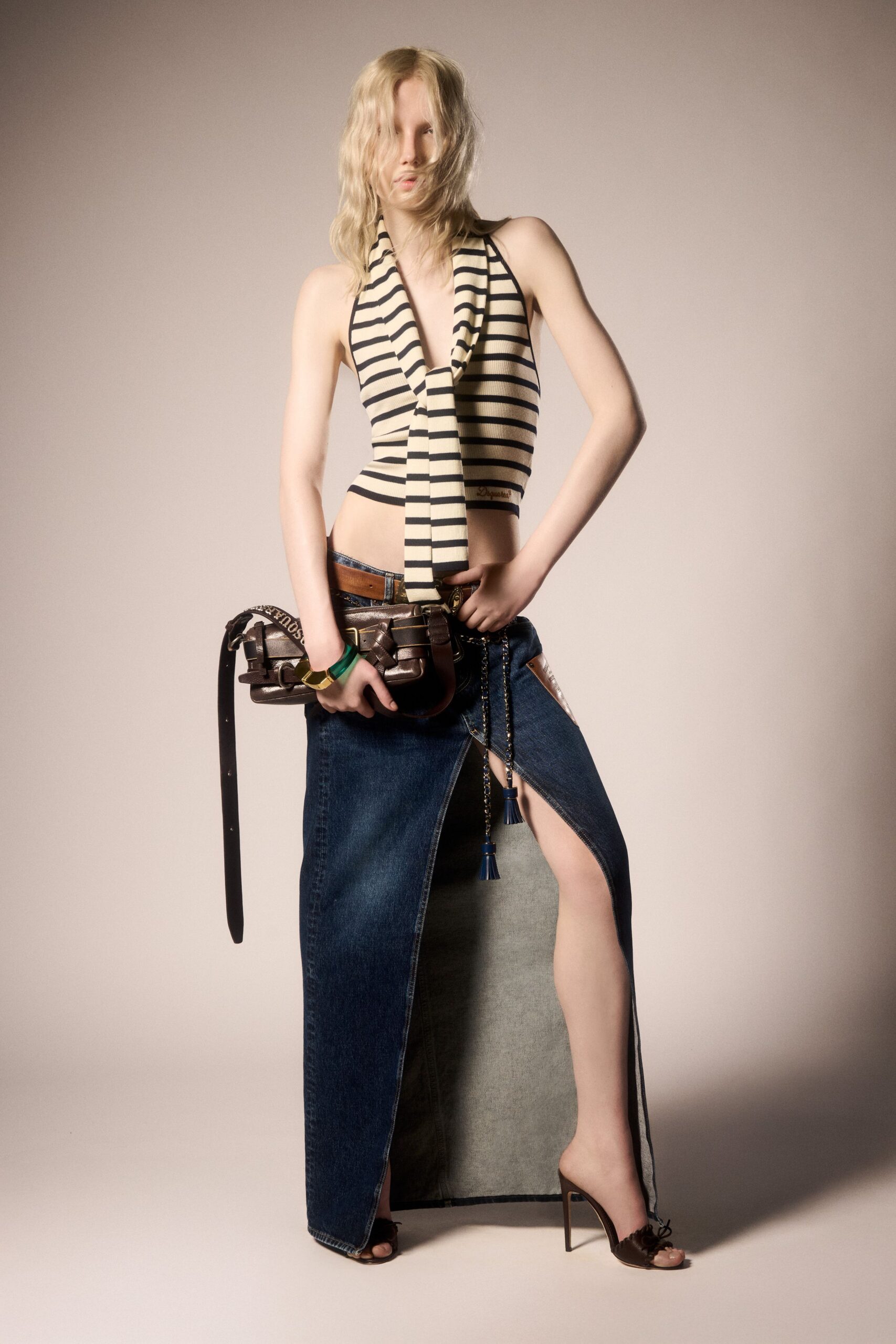 blue denim slit fitted high-waisted midi skirt