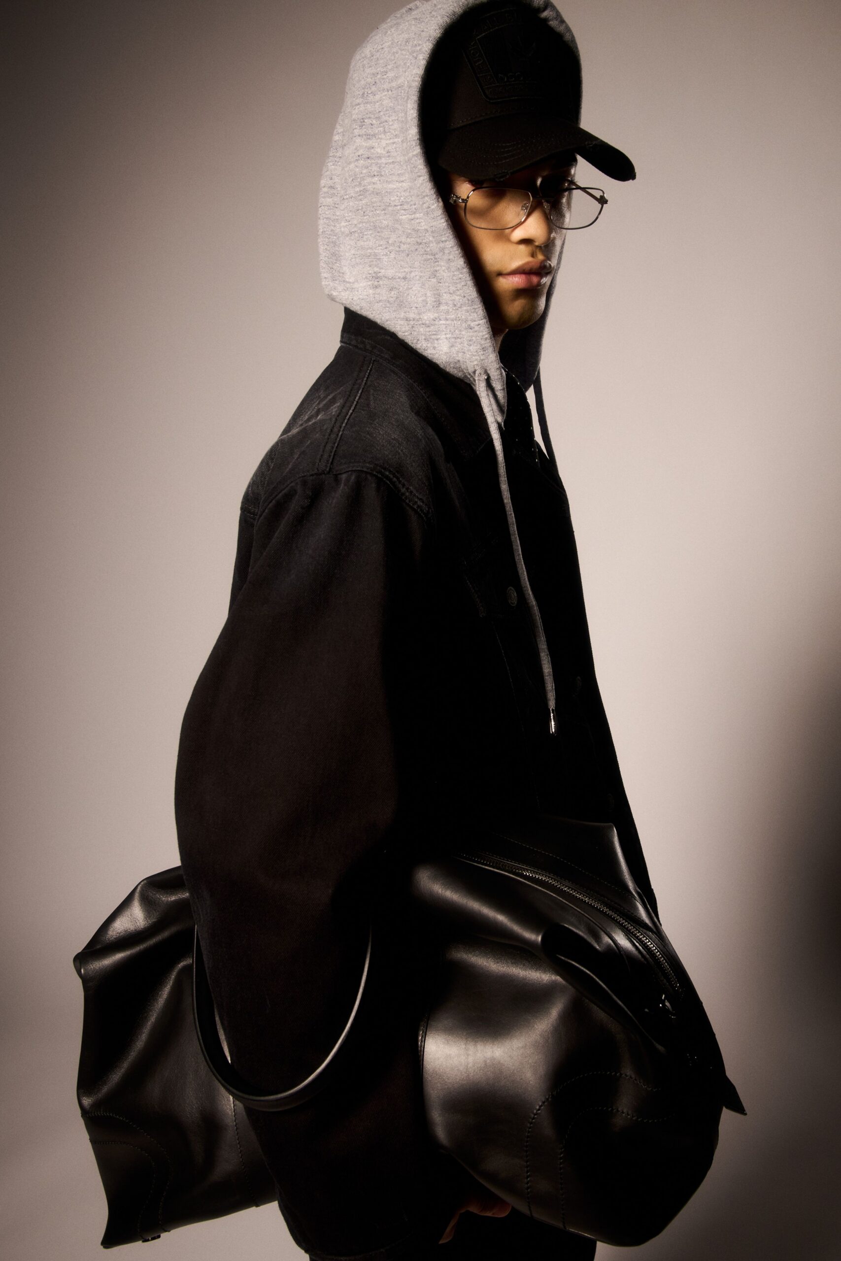 black denim long-sleeve collared relaxed jacket