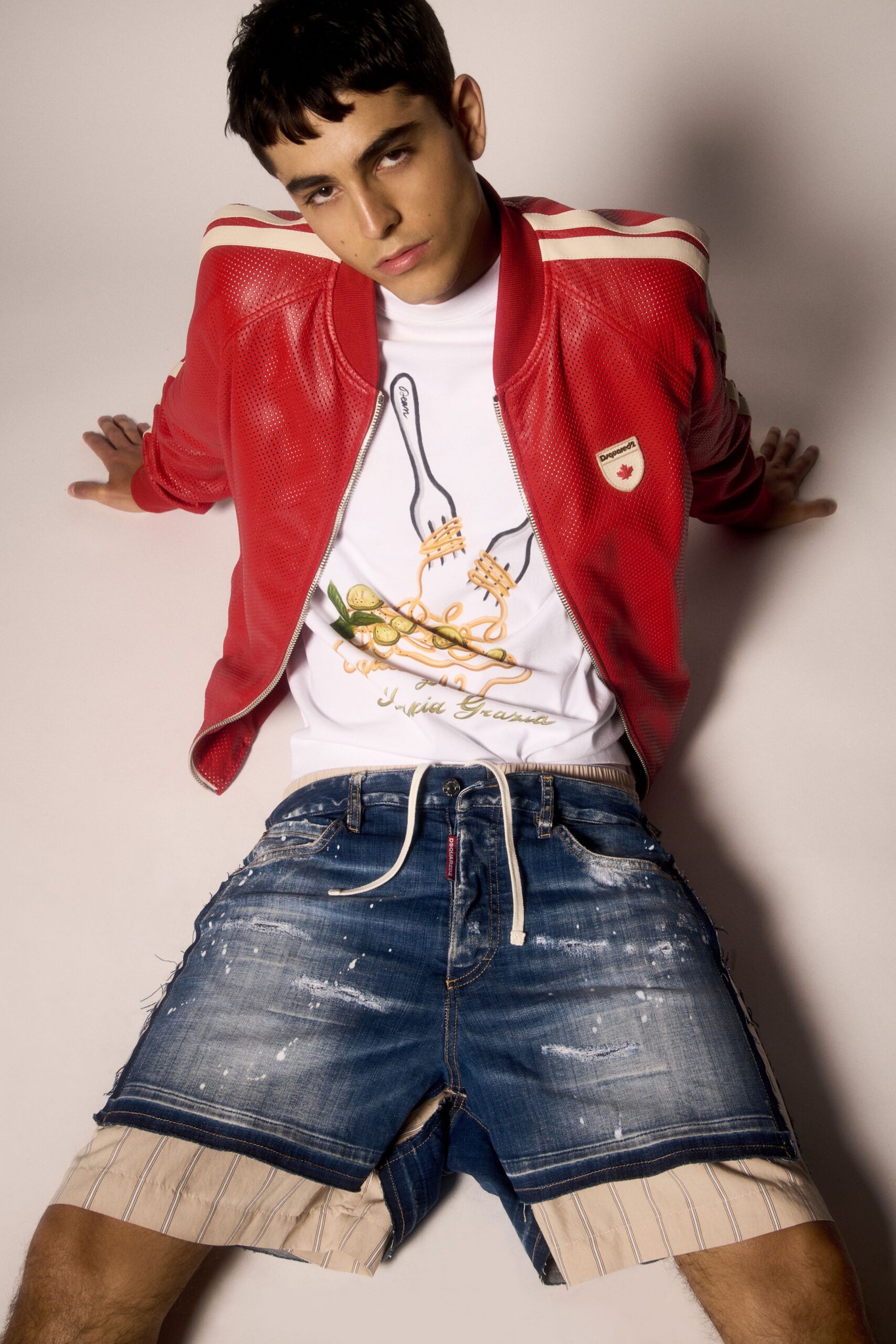 red leather long-sleeve collared fitted zippered jacket