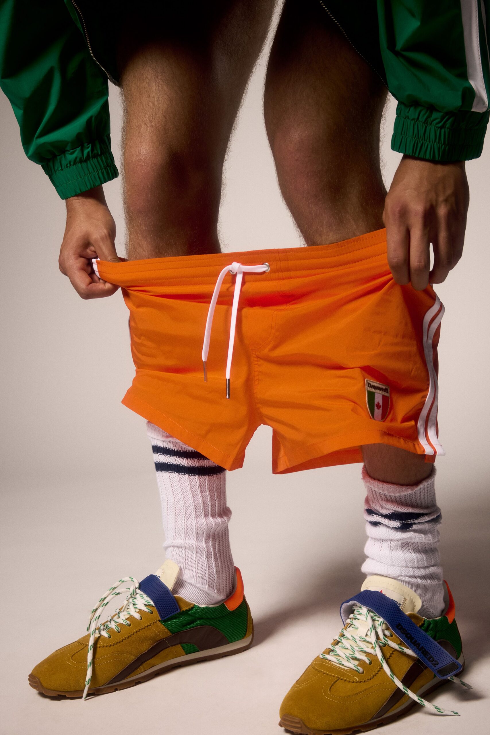 orange cotton relaxed striped short shorts
