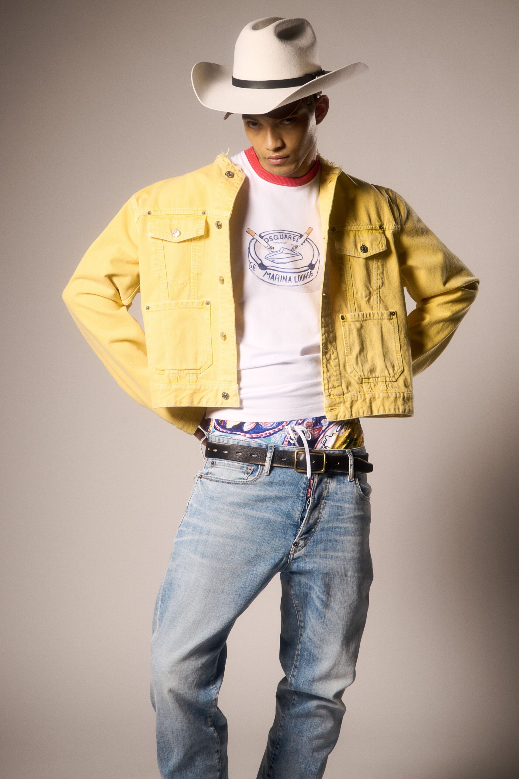 yellow denim long-sleeve collared fitted buttoned jacket