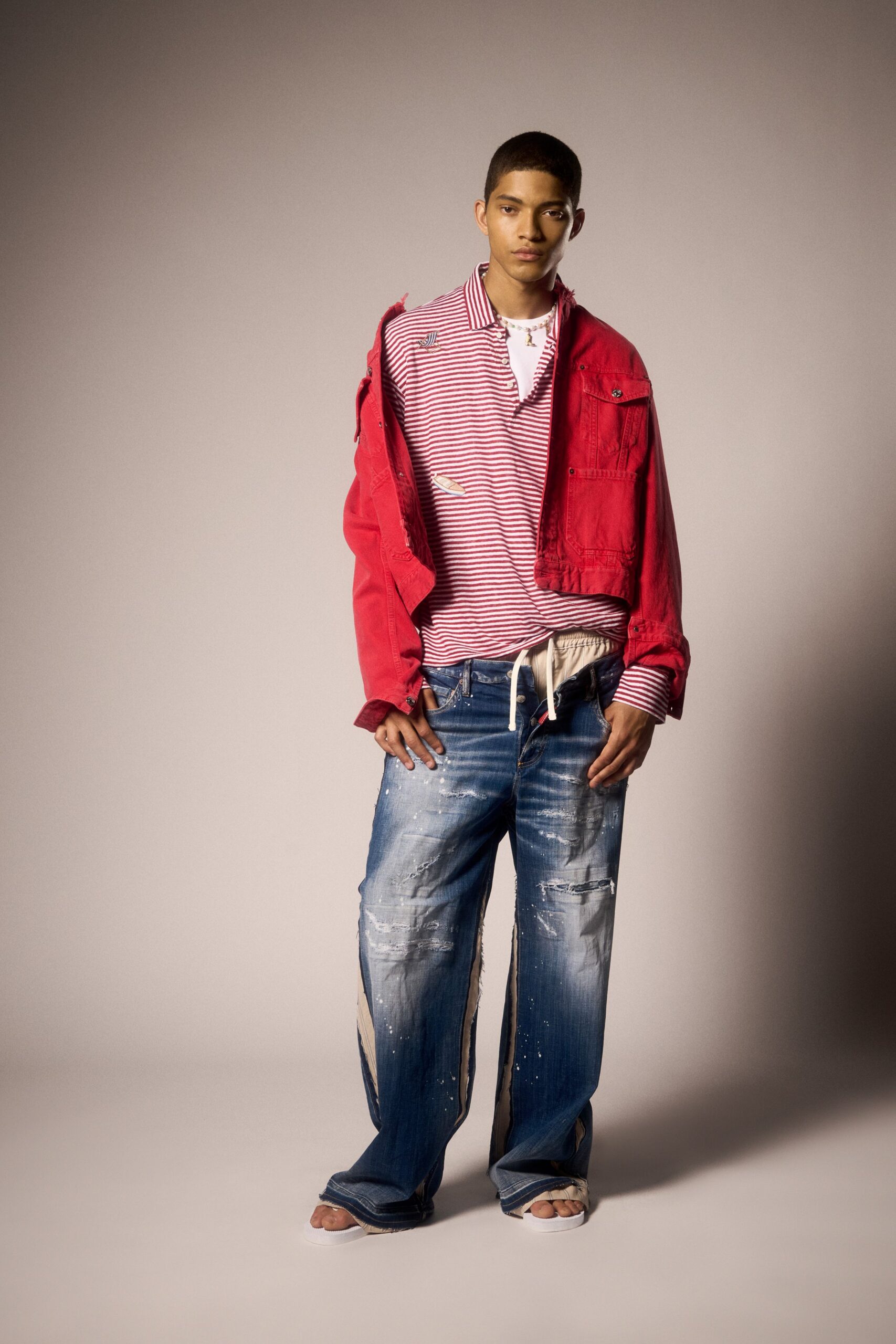 red cotton long-sleeve collared relaxed buttoned jacket
