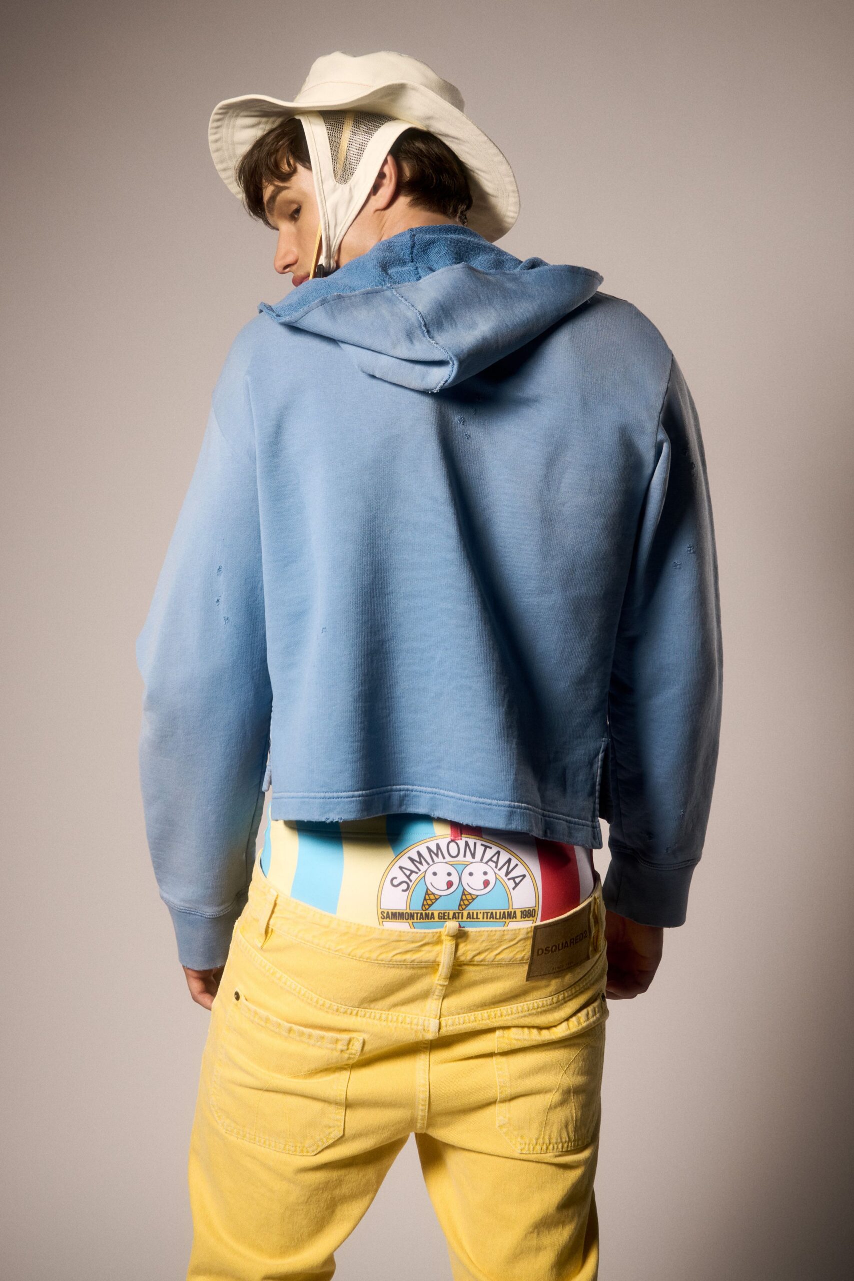 blue cotton long-sleeve hooded relaxed distressed cropped hoodie