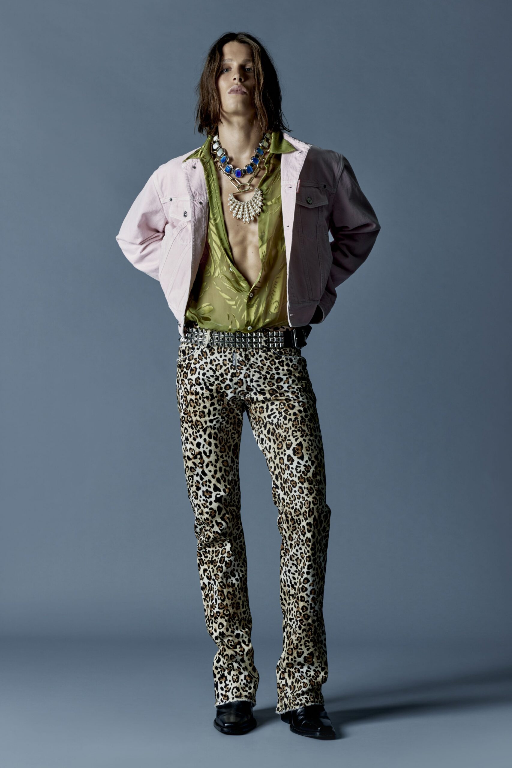 beige denim slim animal-print pants