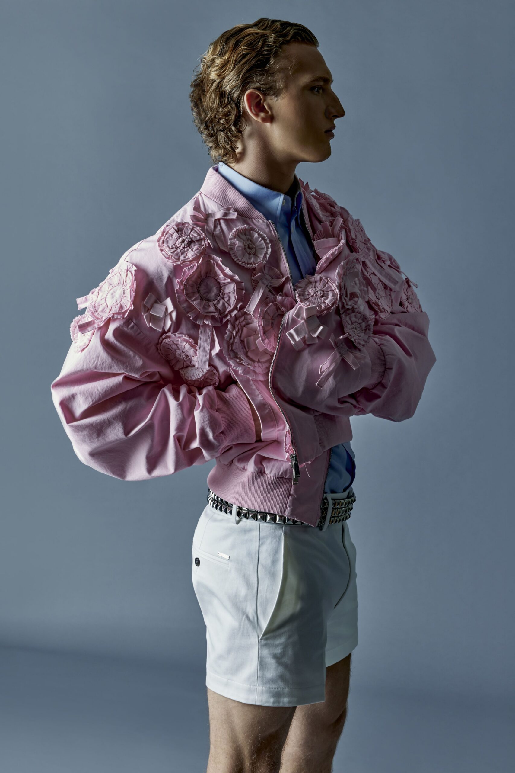 pink cotton long-sleeve collared fitted ruffled embroidered jacket
