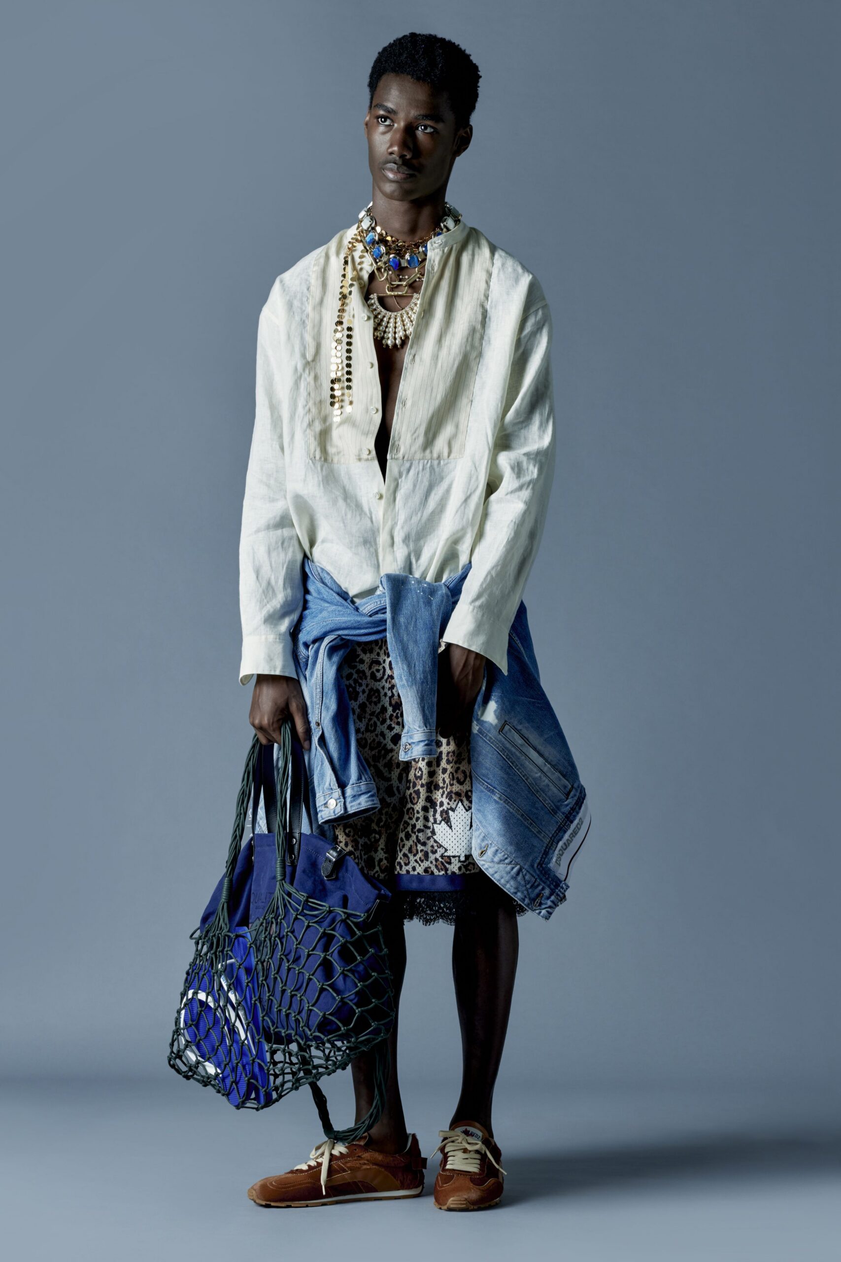 multi denim fitted flared skirt