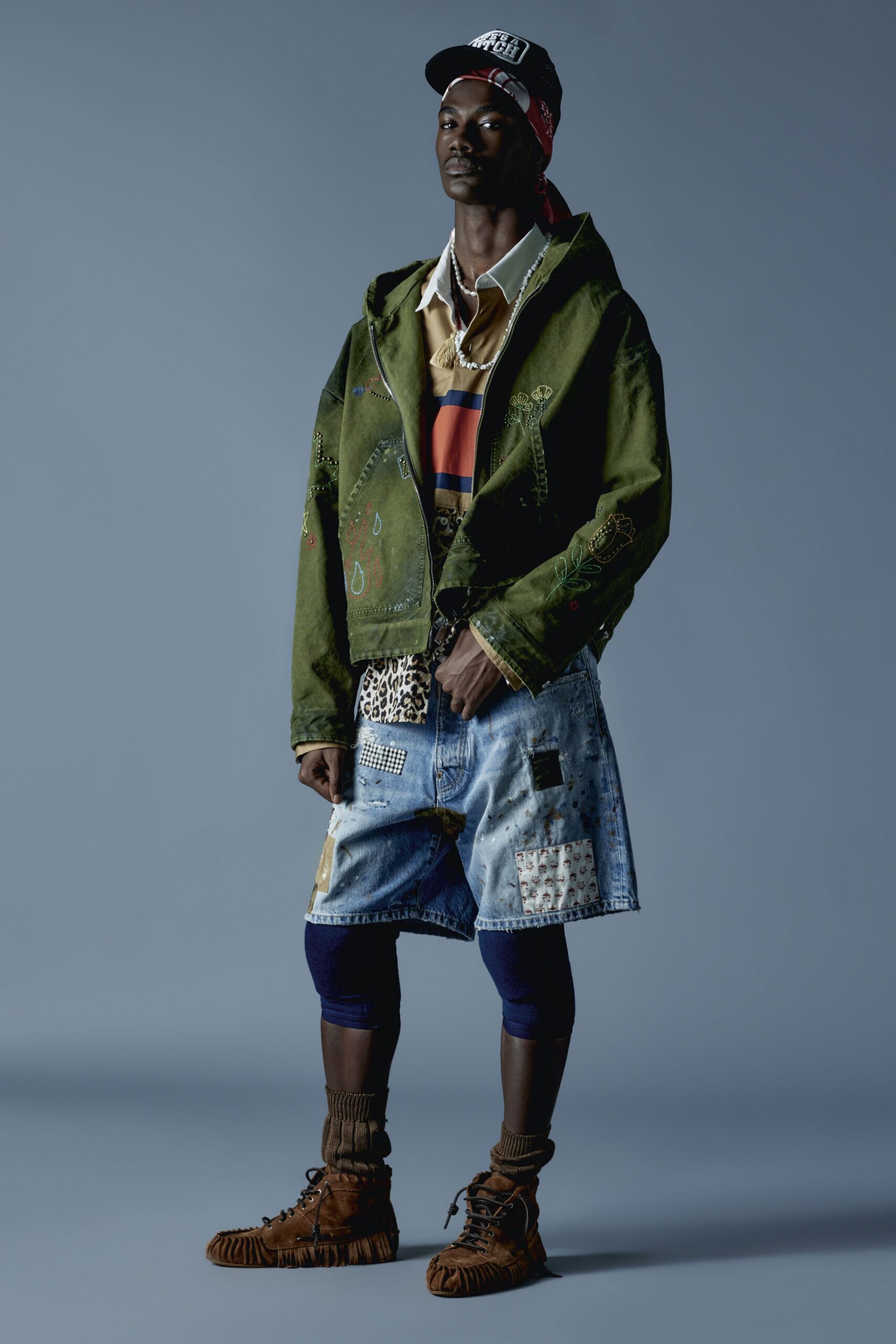 green cotton long-sleeve collared relaxed embroidered jacket