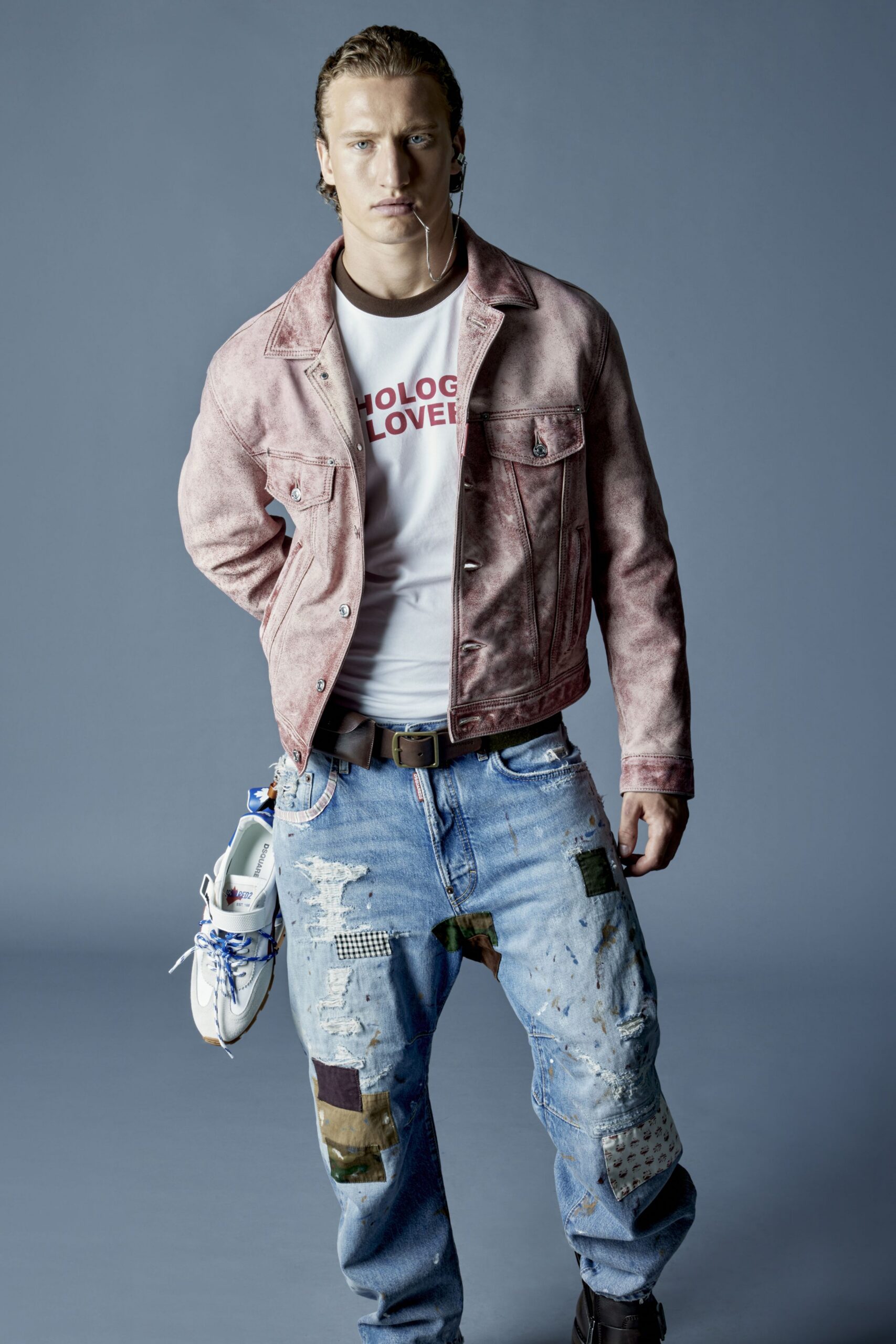 pink denim long-sleeve collared fitted buttoned jacket