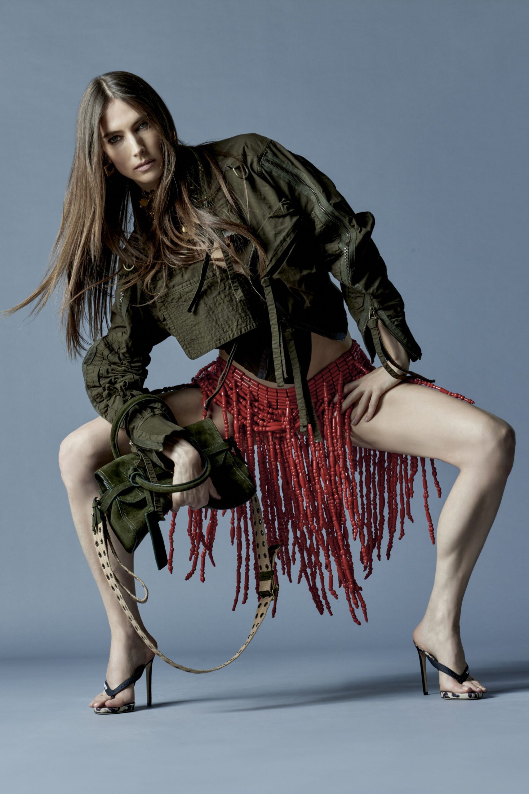 red cotton fitted fringed skirt