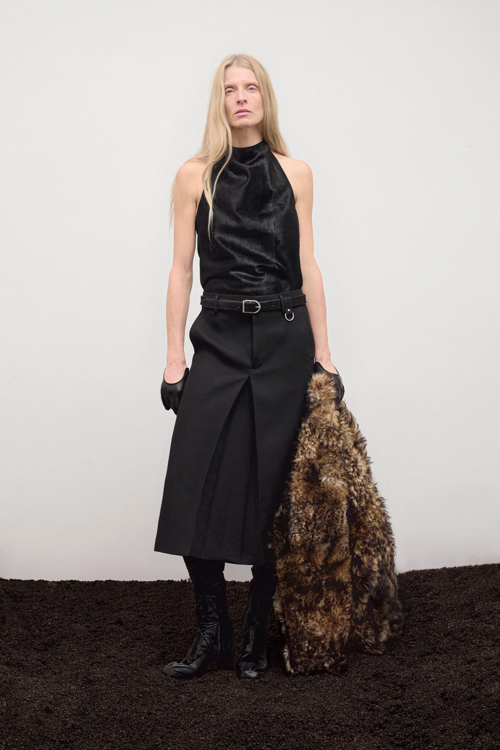 black wool long-sleeve structured pleated skirt
